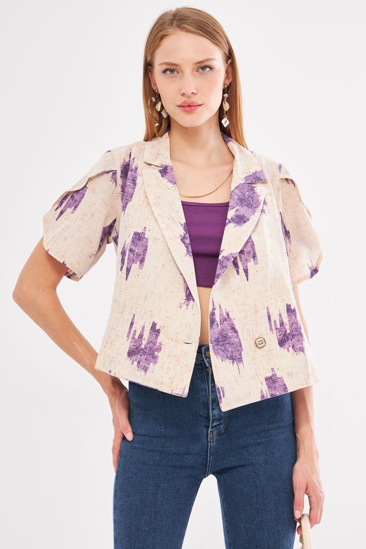 Female purple linen-looking patterned handle slit Crop Short Sleeve Jacket ARM-24Y001095