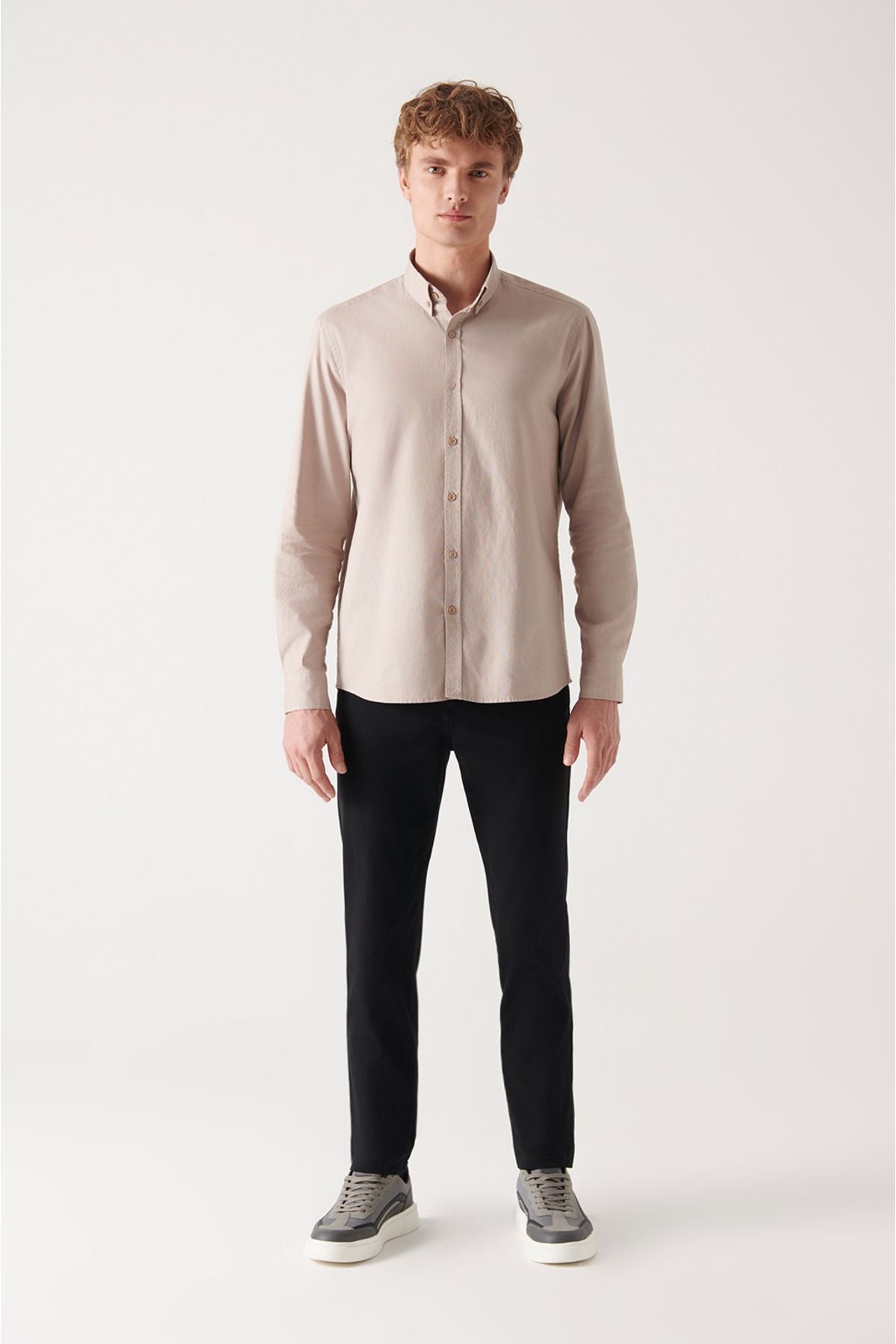 Men's Beige Oxford 100 %Cotton button collar shirt B002003