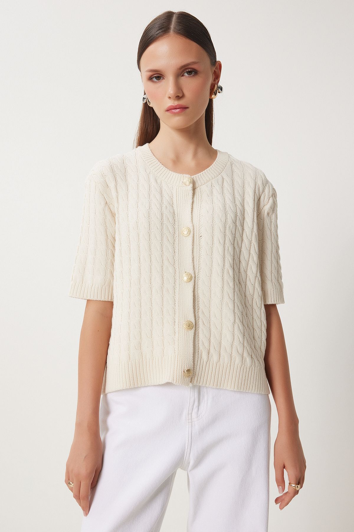 Women's Cream Bike Neck Hair Braided knitwear cardigan US00946