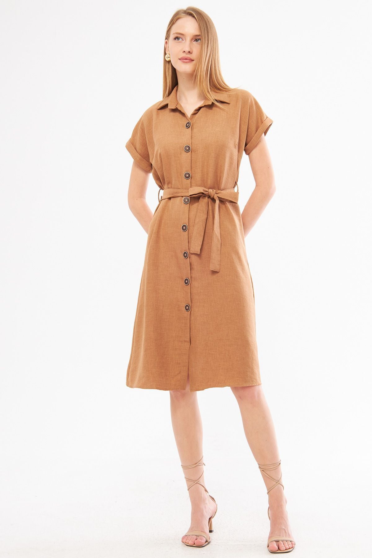 Woman Light Brown Linen Looking Waist Belt Short Sleeve Shirt Dress ARM-24Y001084