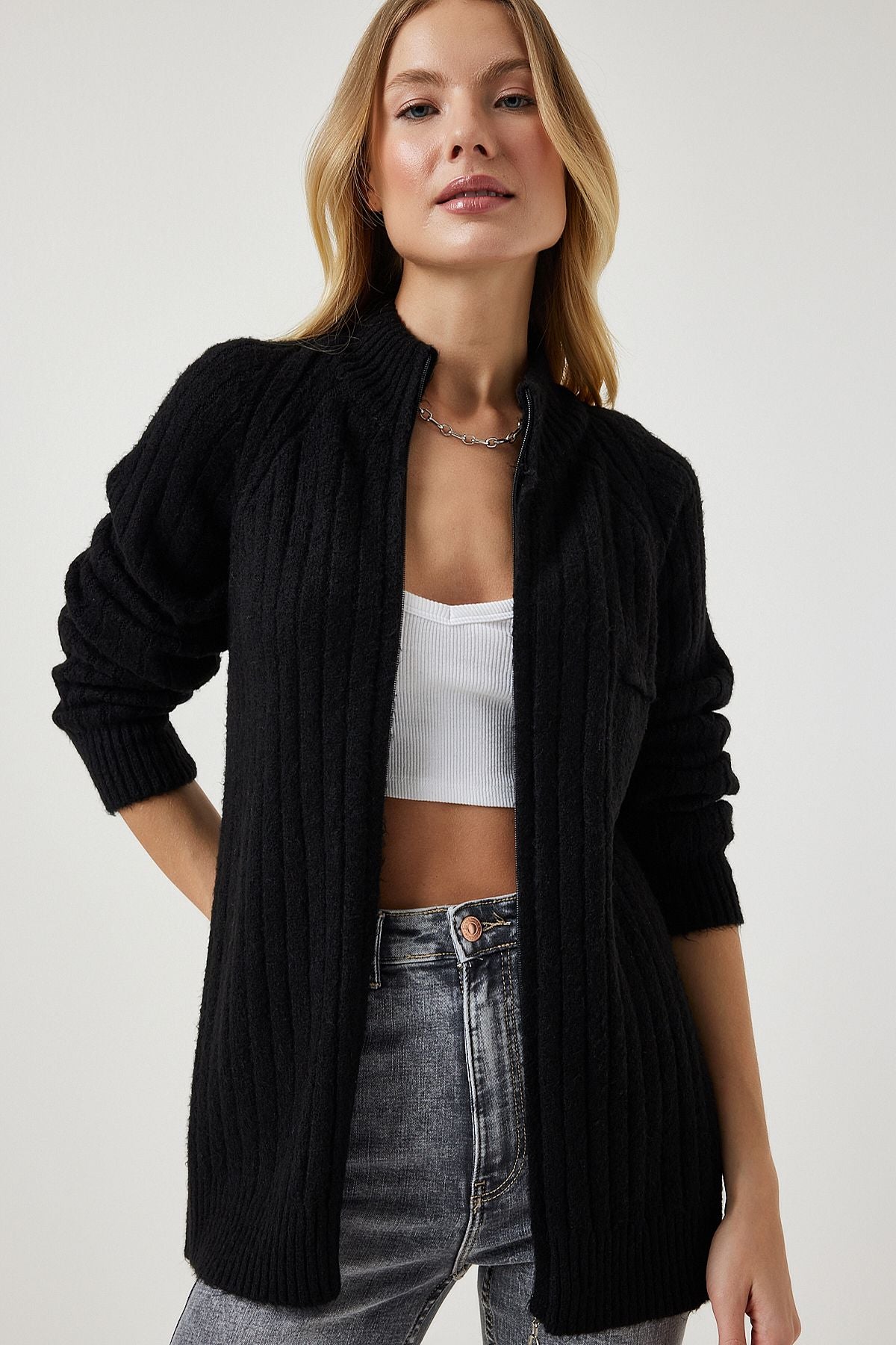 Women's black zipper knitwear cardigan DD01301