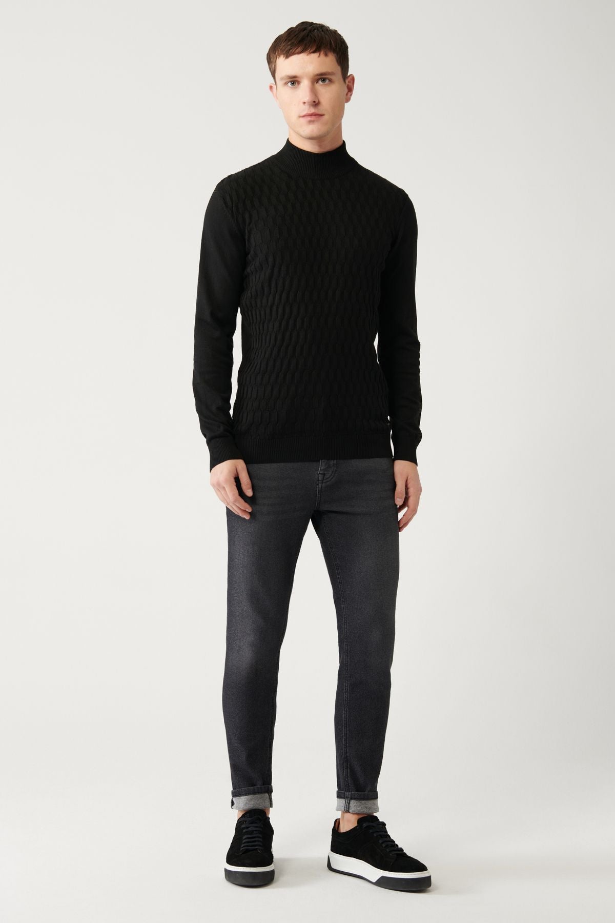 Men's black half fisherman collar cotton knitwear sweater E005106