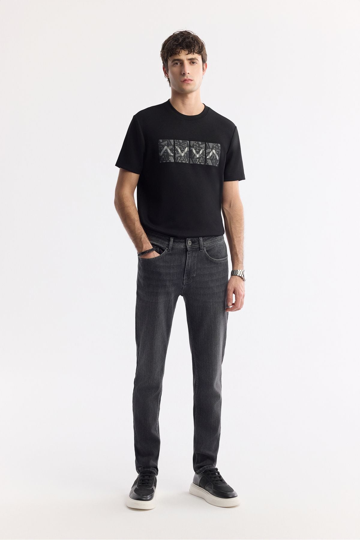 Men's anthracite stone washing knitted slim fit denim pants A51y3513