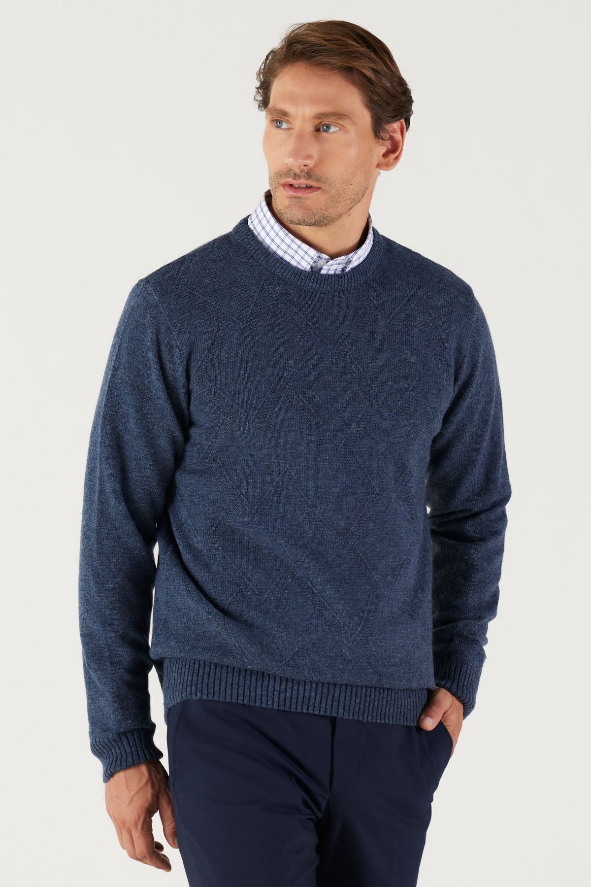 Men's Avaş Blue Standard Fit Normal Cut Normal Class Bike Jacquari Knitwear Sweater