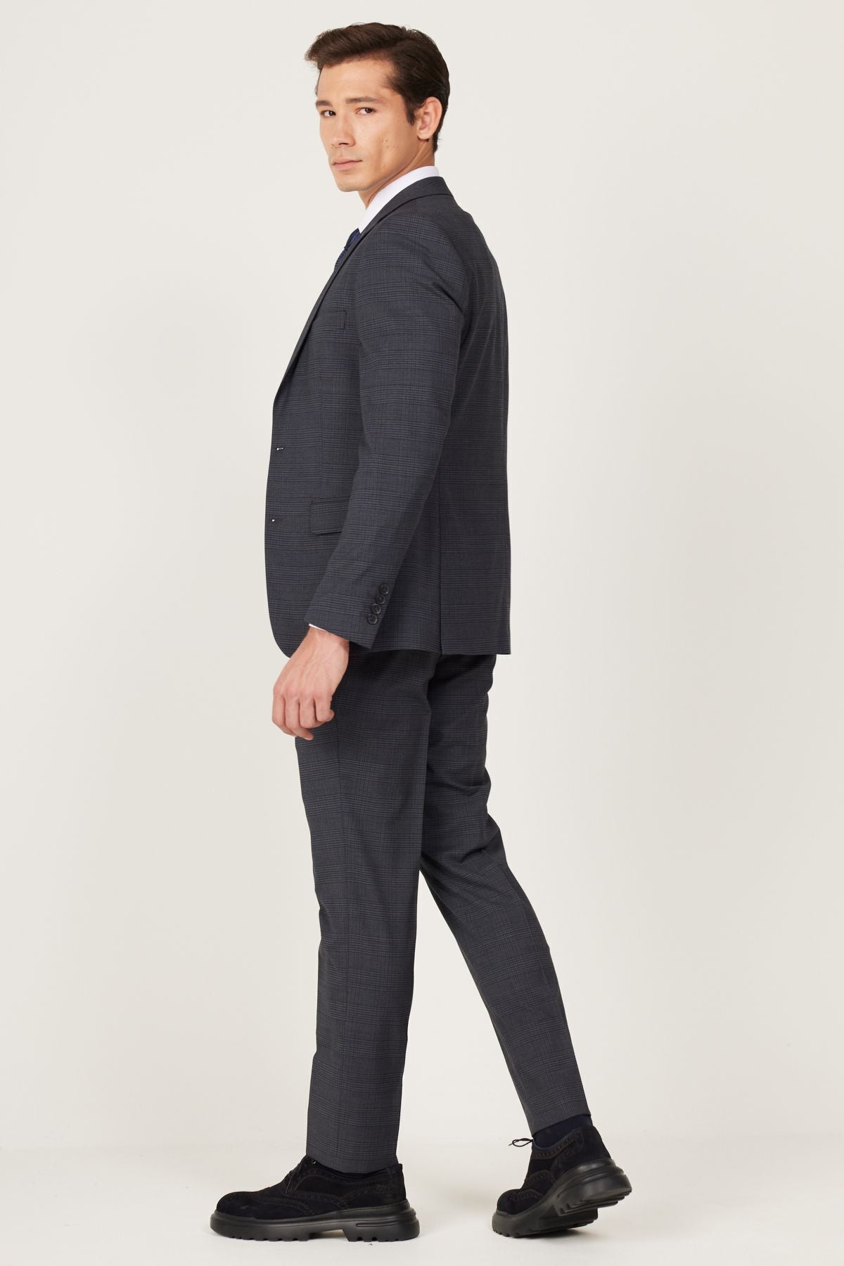 Men's anthracite-Lacivert Wool Extra Slim Fit Narrow Cut Mono Yaka Patterned Suit