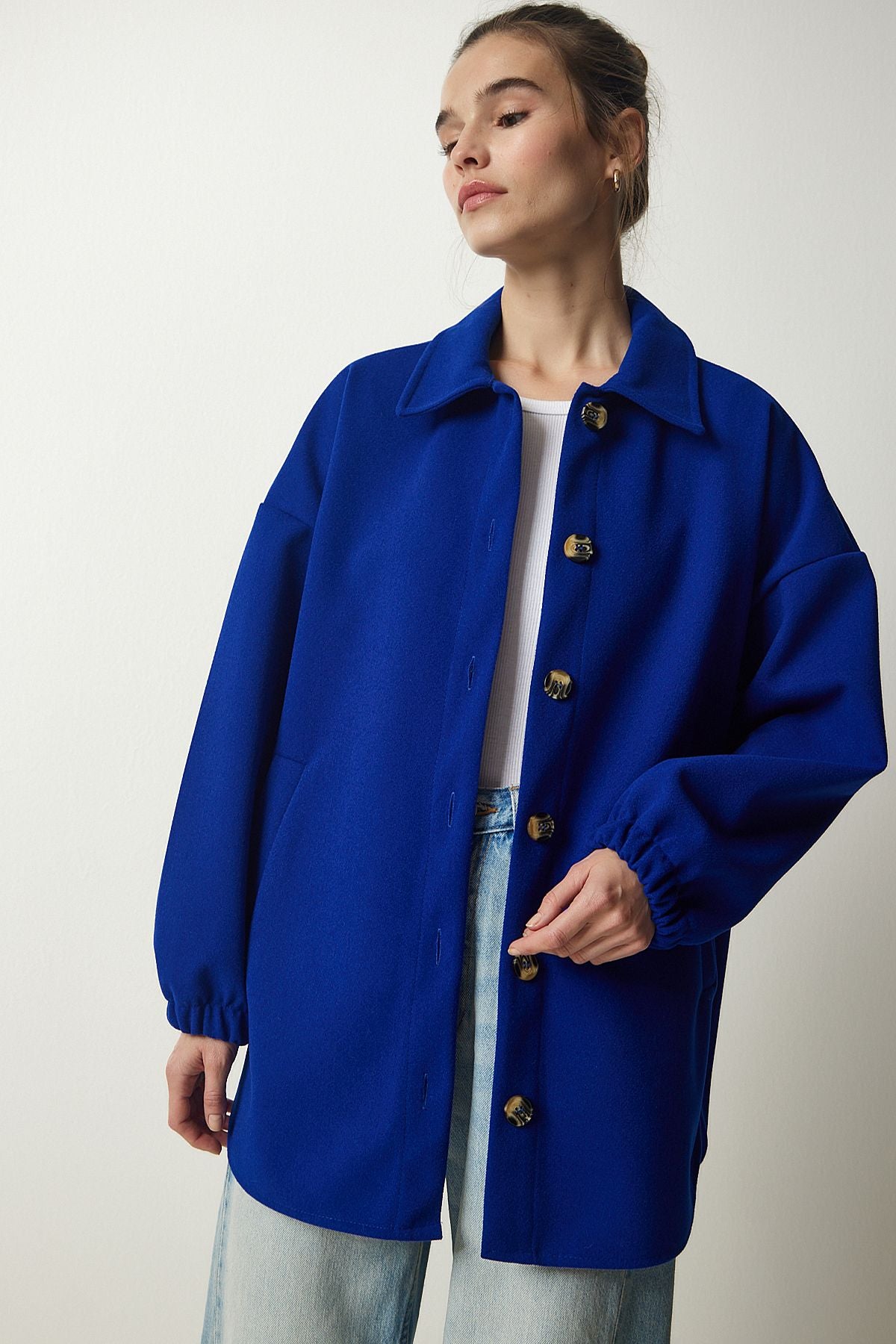 Woman Cobalt Blue Button Pocket Oversize Shirt Jacket DD01263