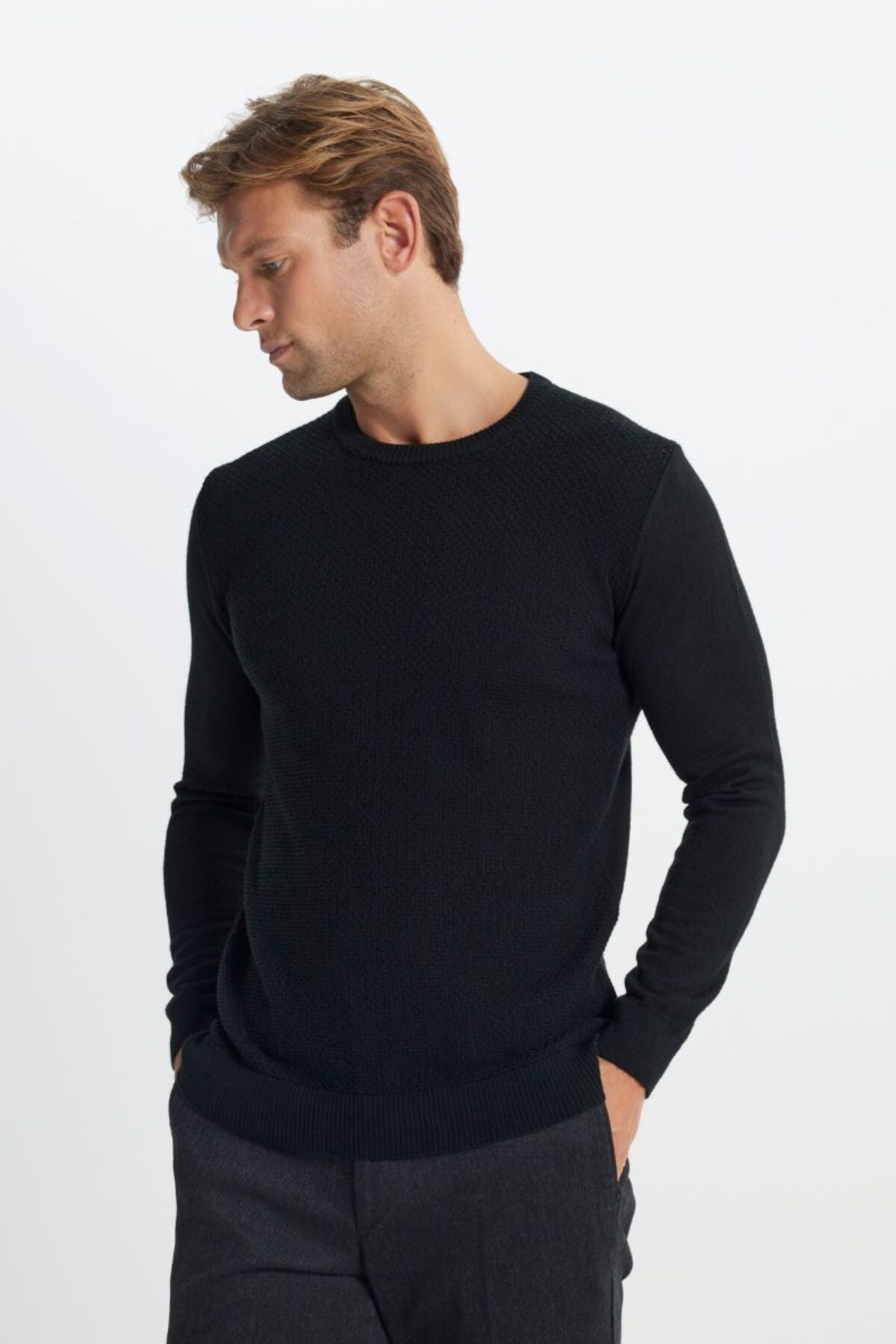 Cotton Standard Fit Normal Normal Cut Bike Yaka Jacquard Knitwear Black Sweater