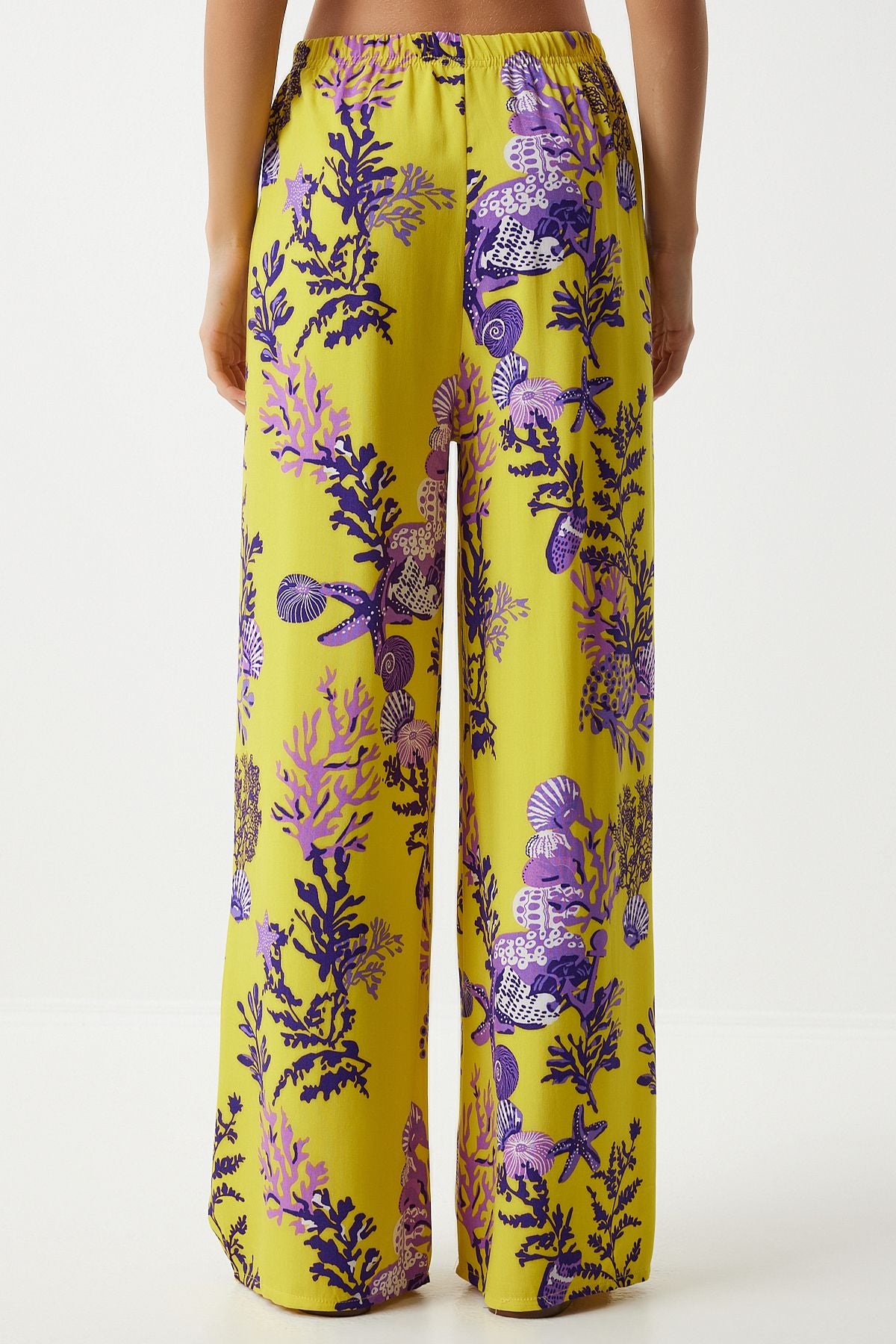 Woman Yellow Purple Patterned Viscose Palazzo Pants EN00606