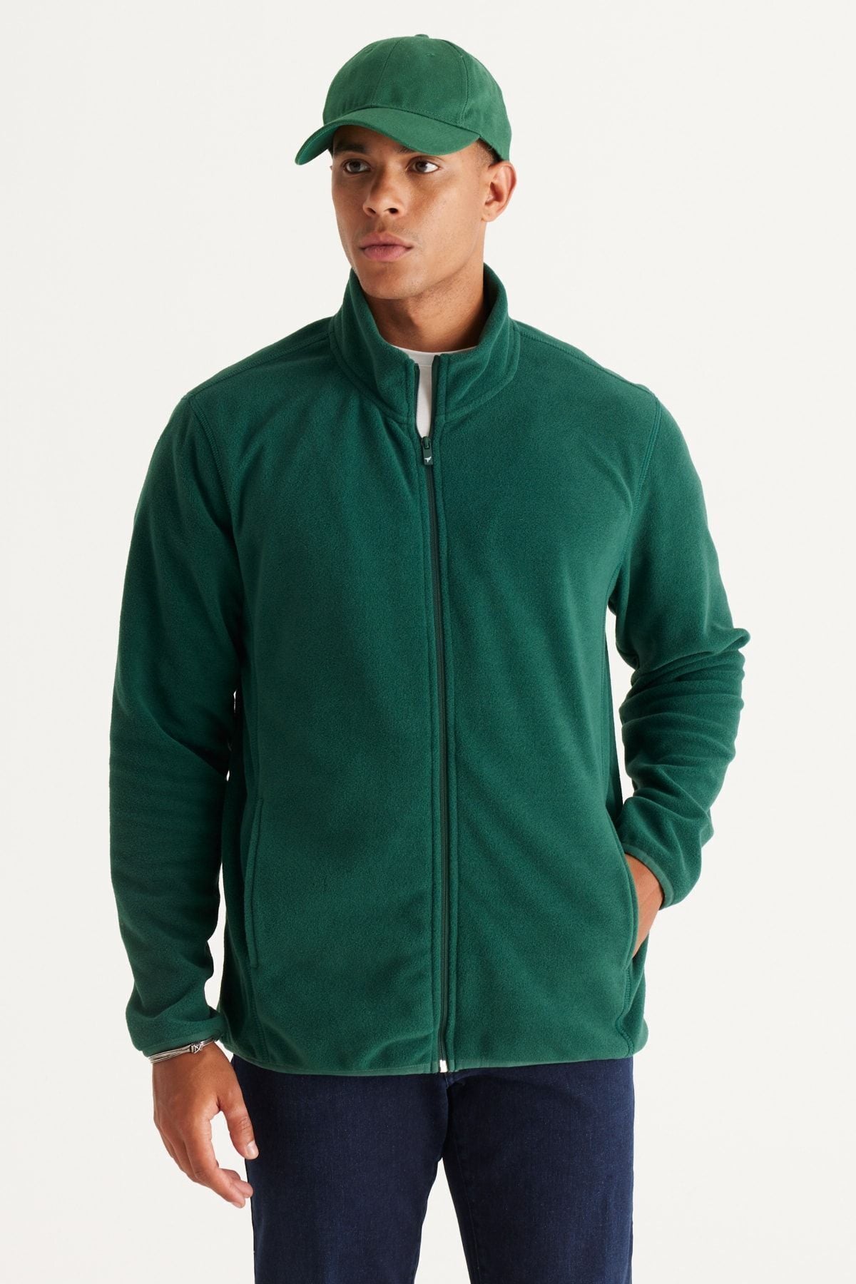 Men's Green Anti-Pilling Flash Standard Fit Bato Yaka Sweatshirt Polar Jacket