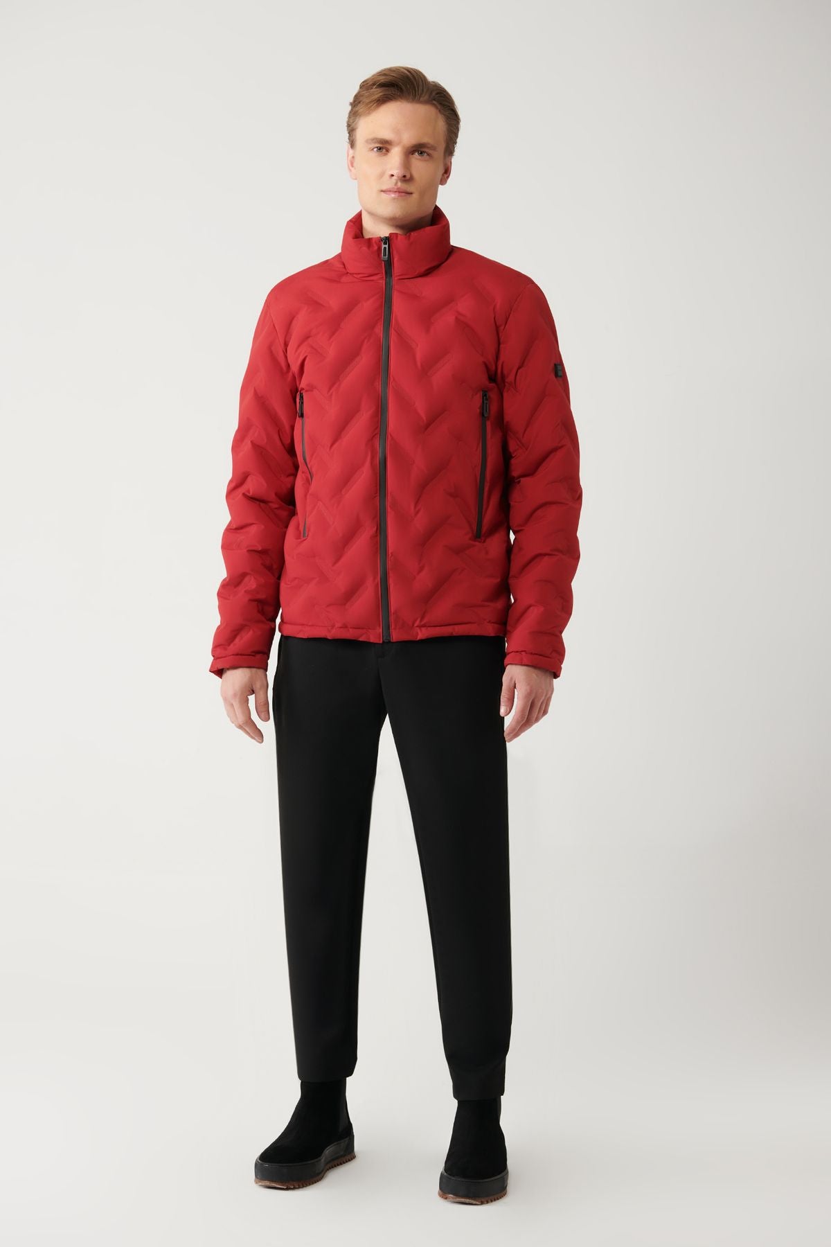Men's red upright collar water repulsion windproof light swelling coat E006036