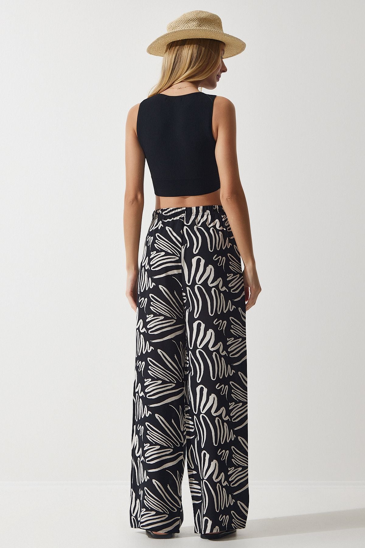 Women's Cream Black Patterned Viscose Palazzo Pants EN00606