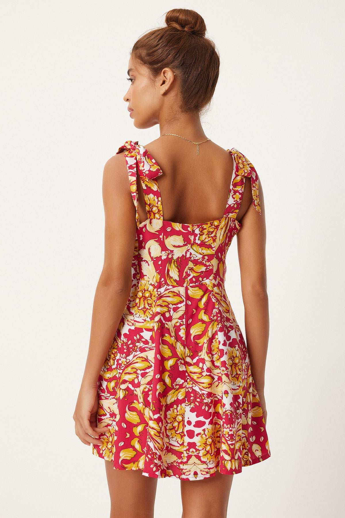 Woman Dark Pink Yellow Yellow Thick Hanger Patterned Summer Mini Viscose Dress FN03238