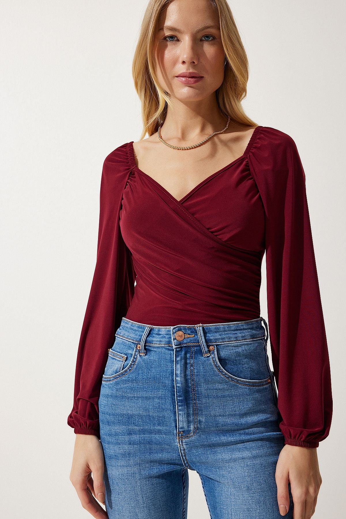 Female Bordeaux Elastic Balloon Sleeze Sandy Knitting Blouse FF00154