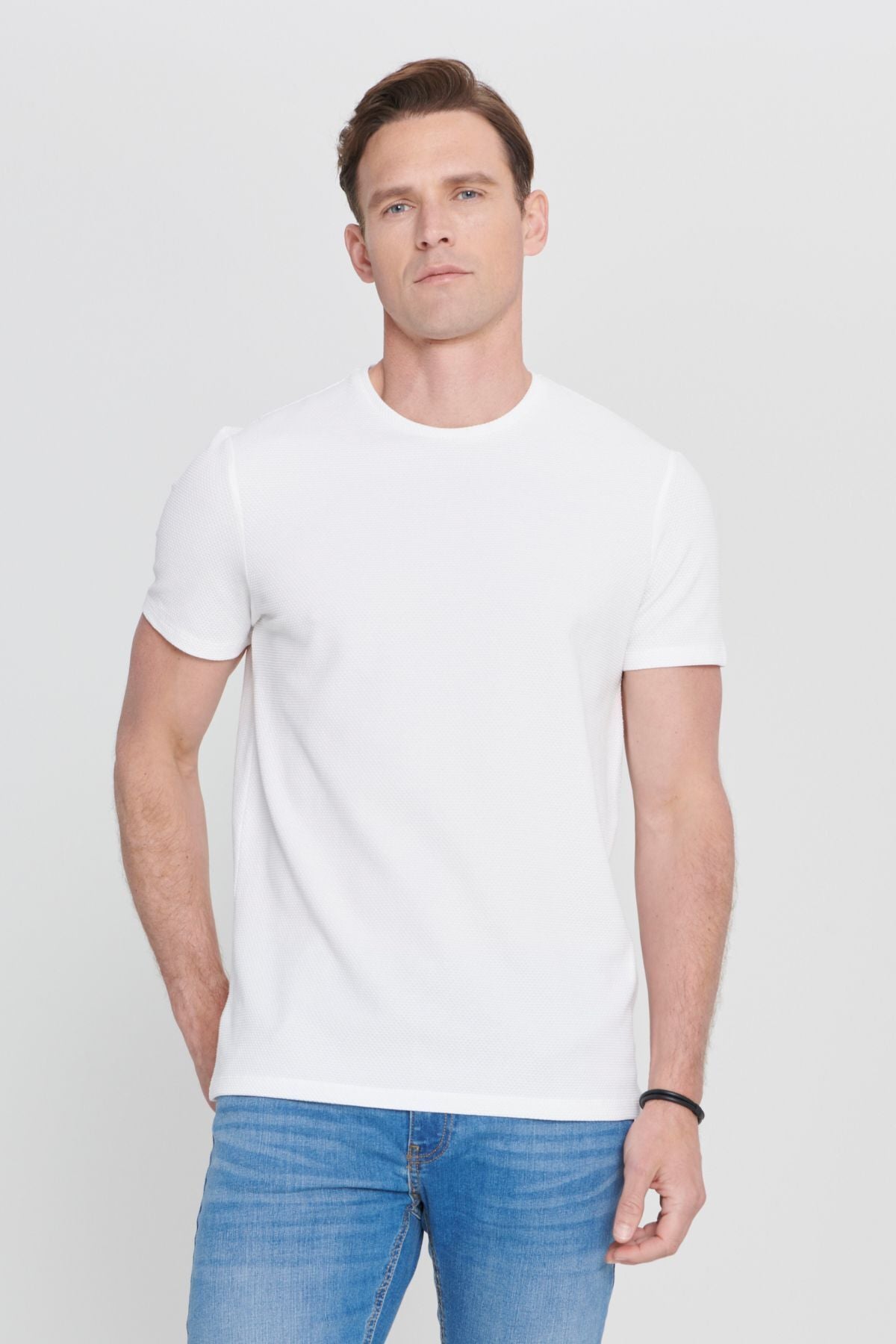 Men's white slim fit narrow cut modal bike collar soft button flexible basic t -shirt