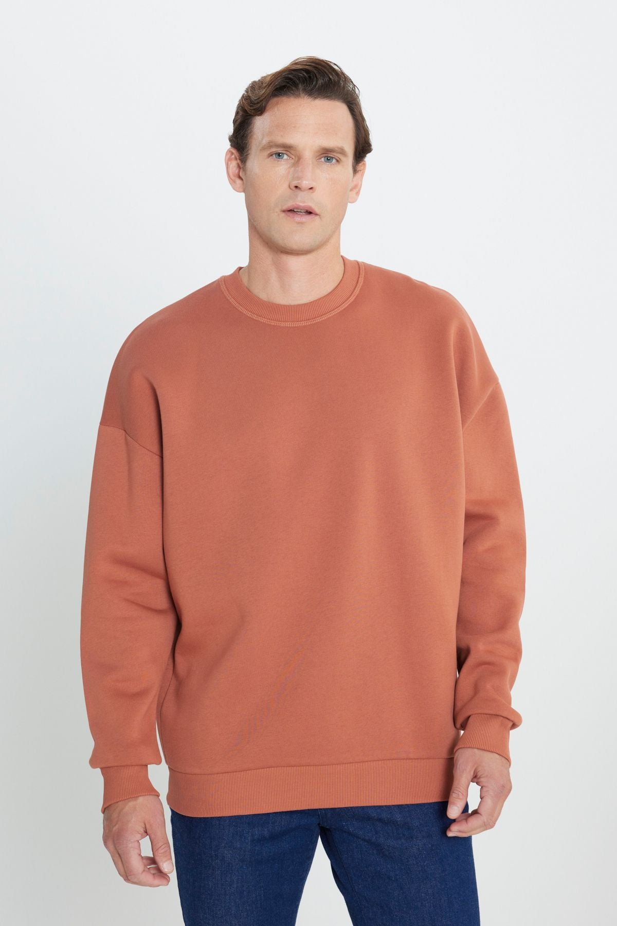 Men's light brown over the fits of the fitted cotton Içi fleece 3 IP bicycle collar sweatshirt