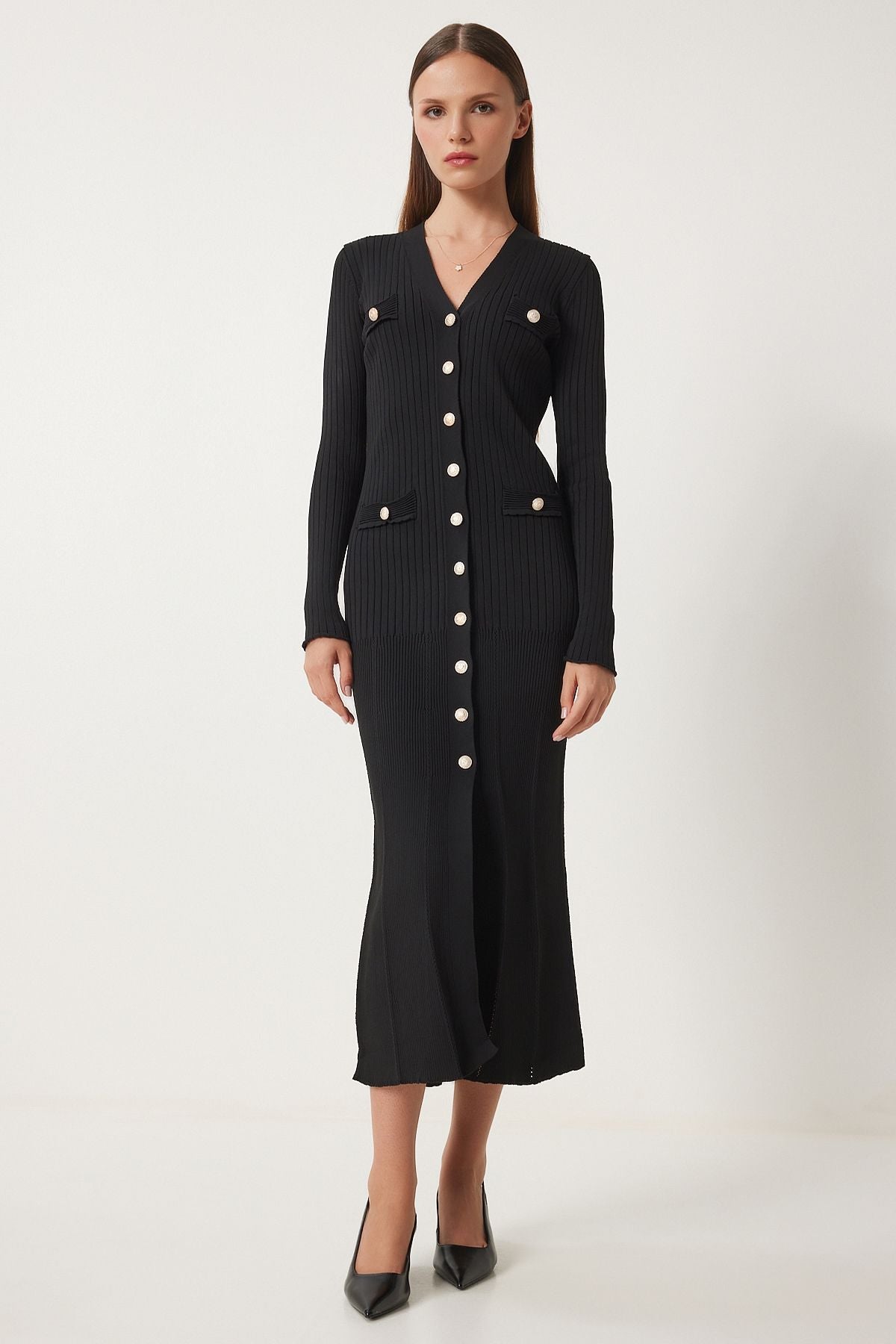 Female black stylish buttoned knitwear dress FN03379