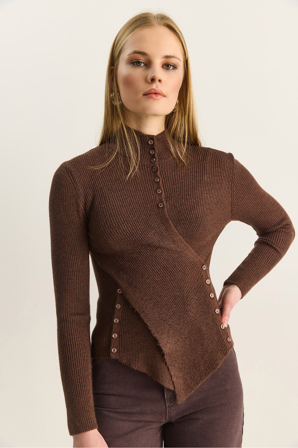 Women's Turtleneck Asymmetrical Button Detailed Knitwear Sweater TK251027 60283908
