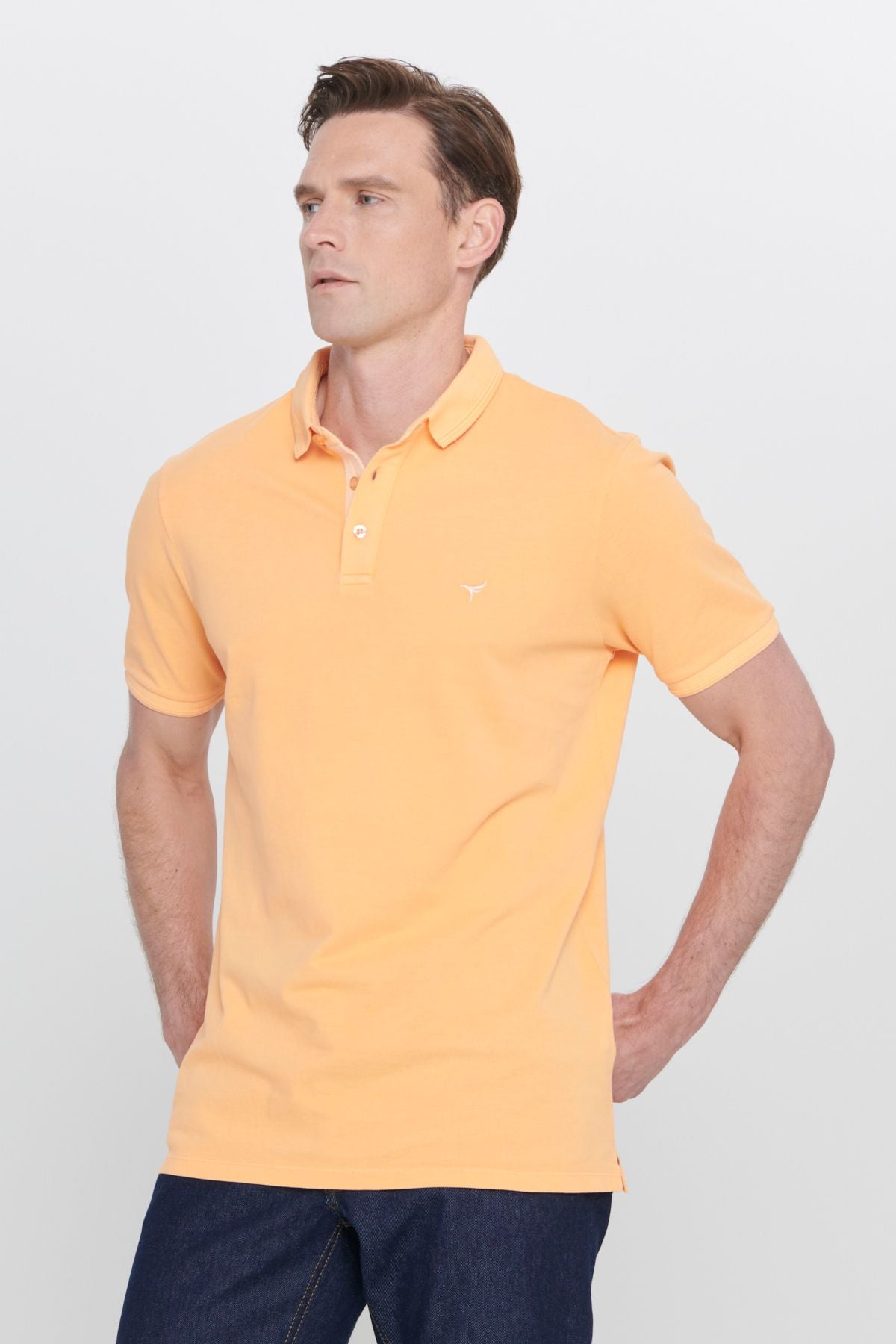 Men's orange slim fit narrow cut polo collar 100 %cotton patterned T -shirt