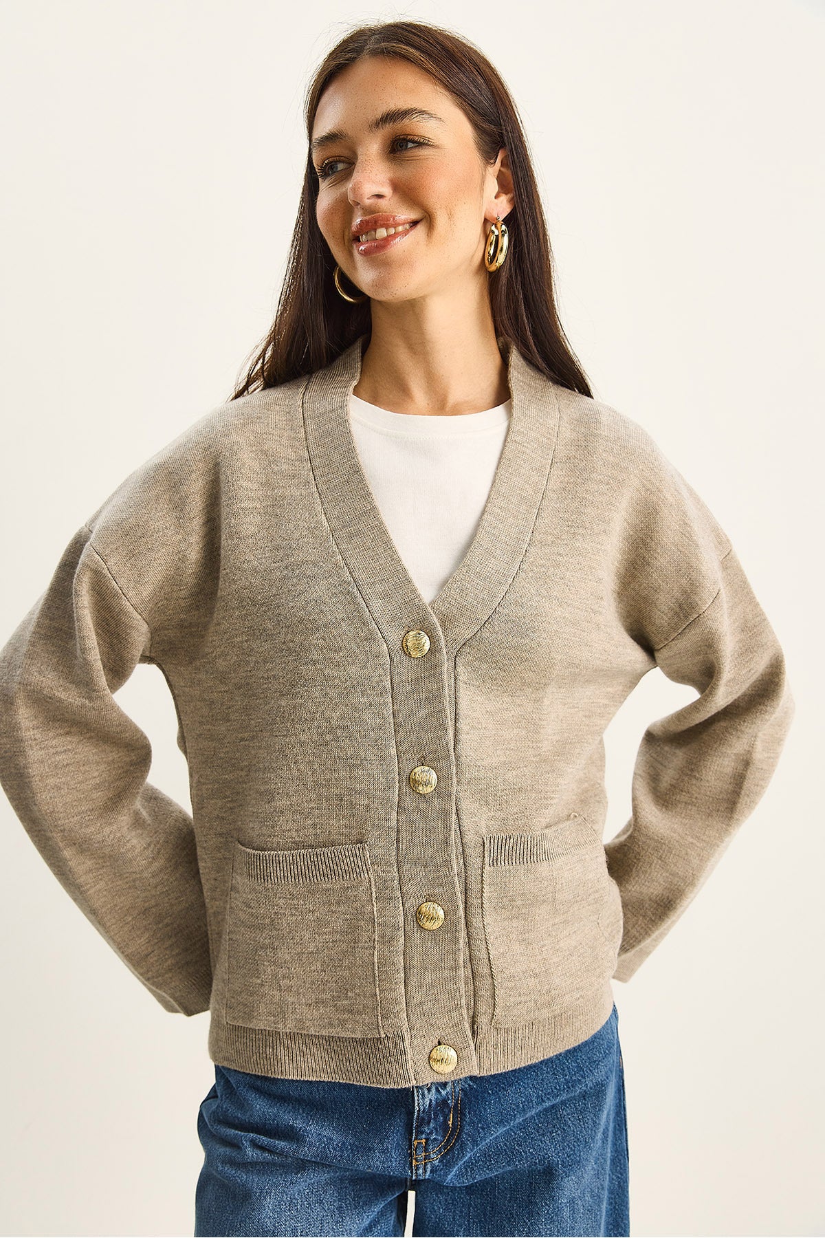 Women's Buttoned Pocket Detailed V-Neck Long Sleeve Knitwear Cardigan TH251059 60283799