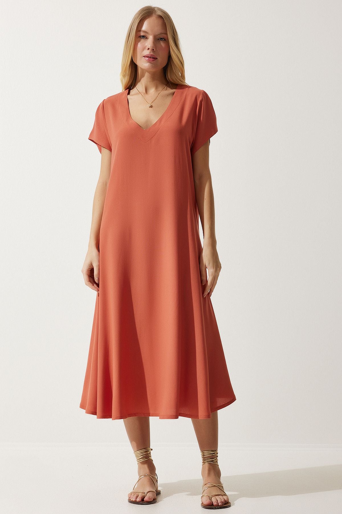 Woman Oranj V -Neck Summer Casting Viscose Dress EN00612