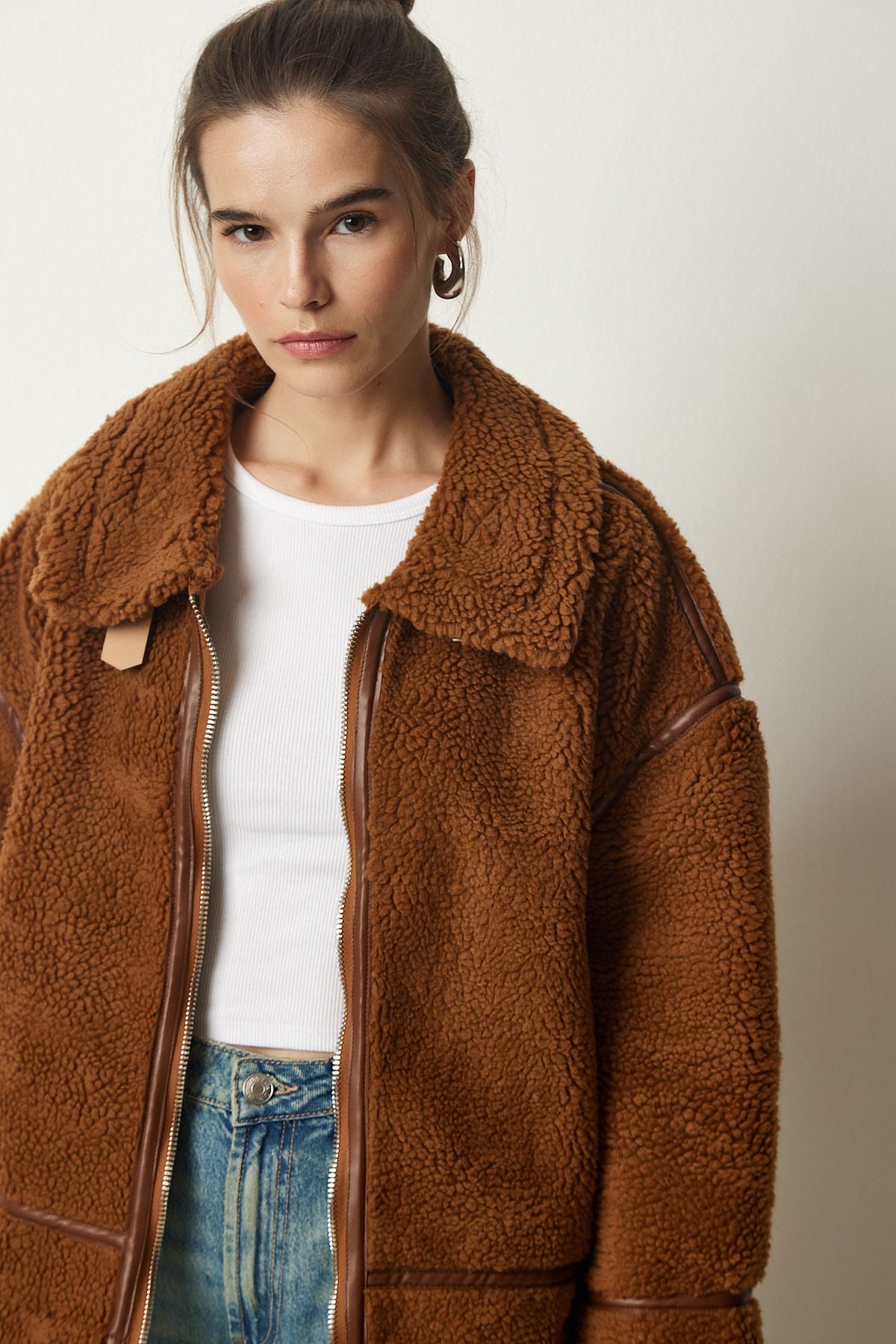 Female Brown Artificial Fur Biker Jacket FN03153