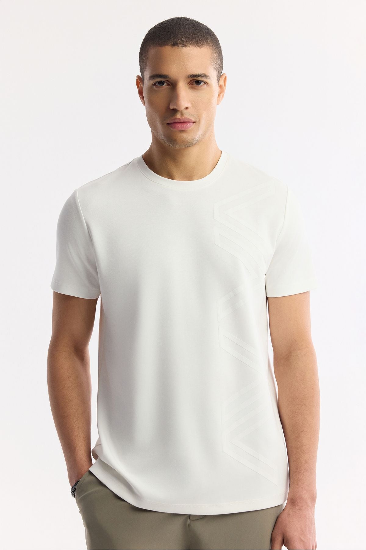 Men's Ecru Printed Bicycle Collar Interlok T-Shirt A41y1175