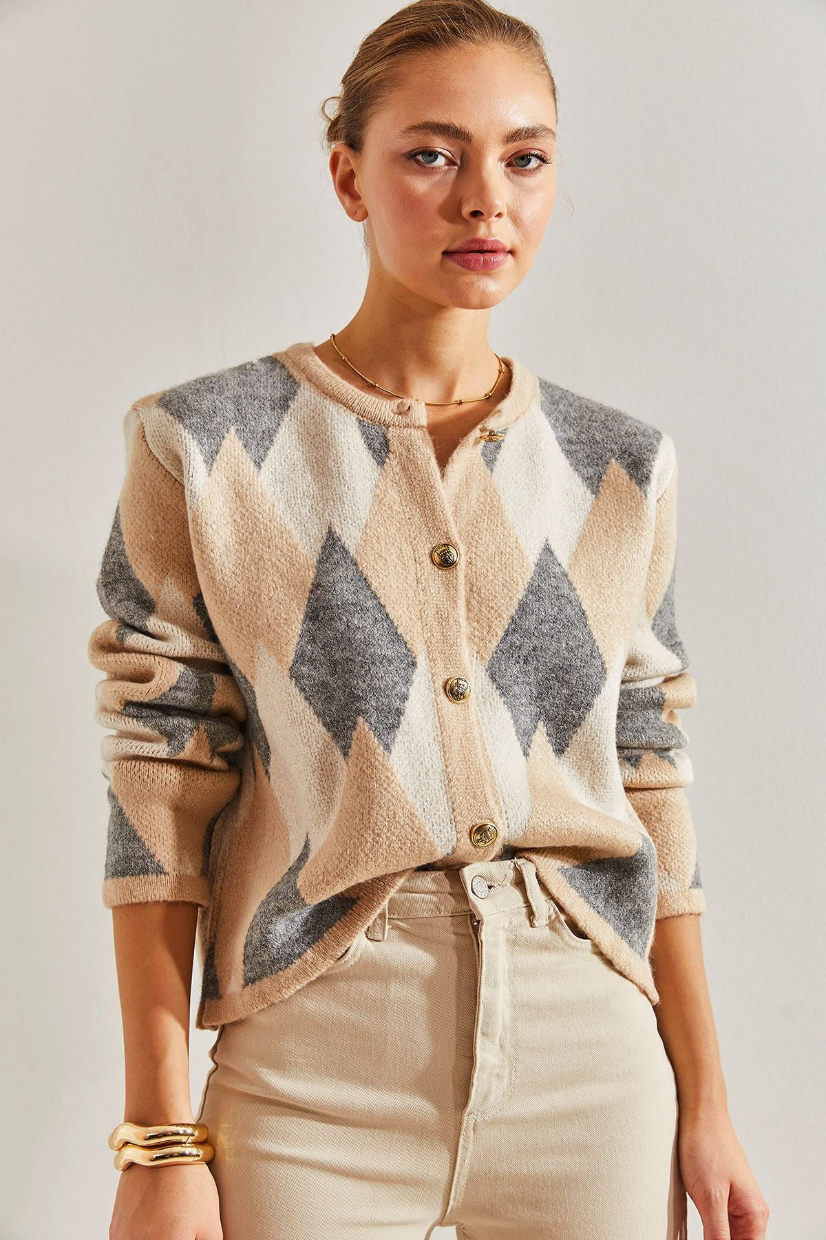 Women's baklava patterned knitwear cardigan