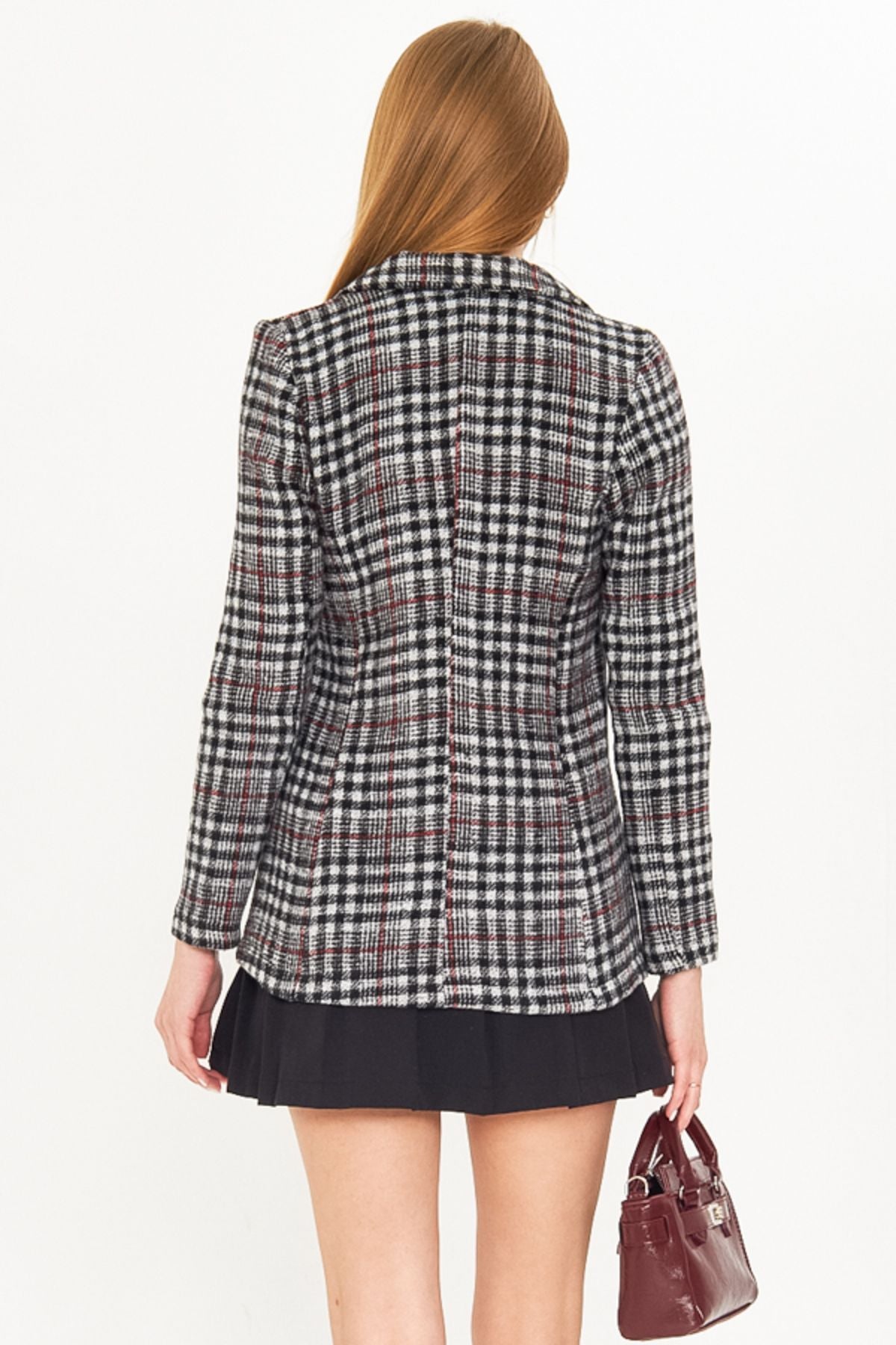 Female black plaid pattern single button stamp jacket ARM-25K001083