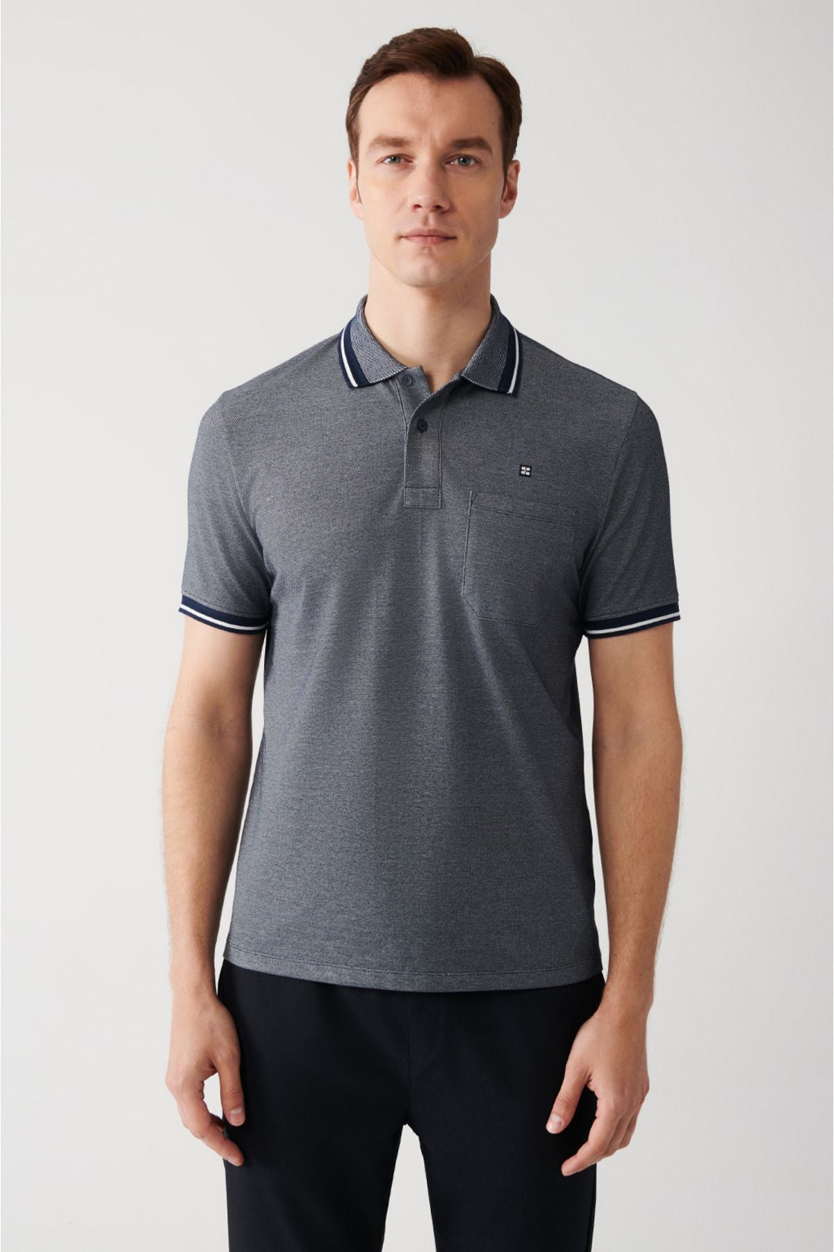 Men's Navy Blind Curlled Neck Pocket 2 Button Polo Yaka T-Shirt E001031