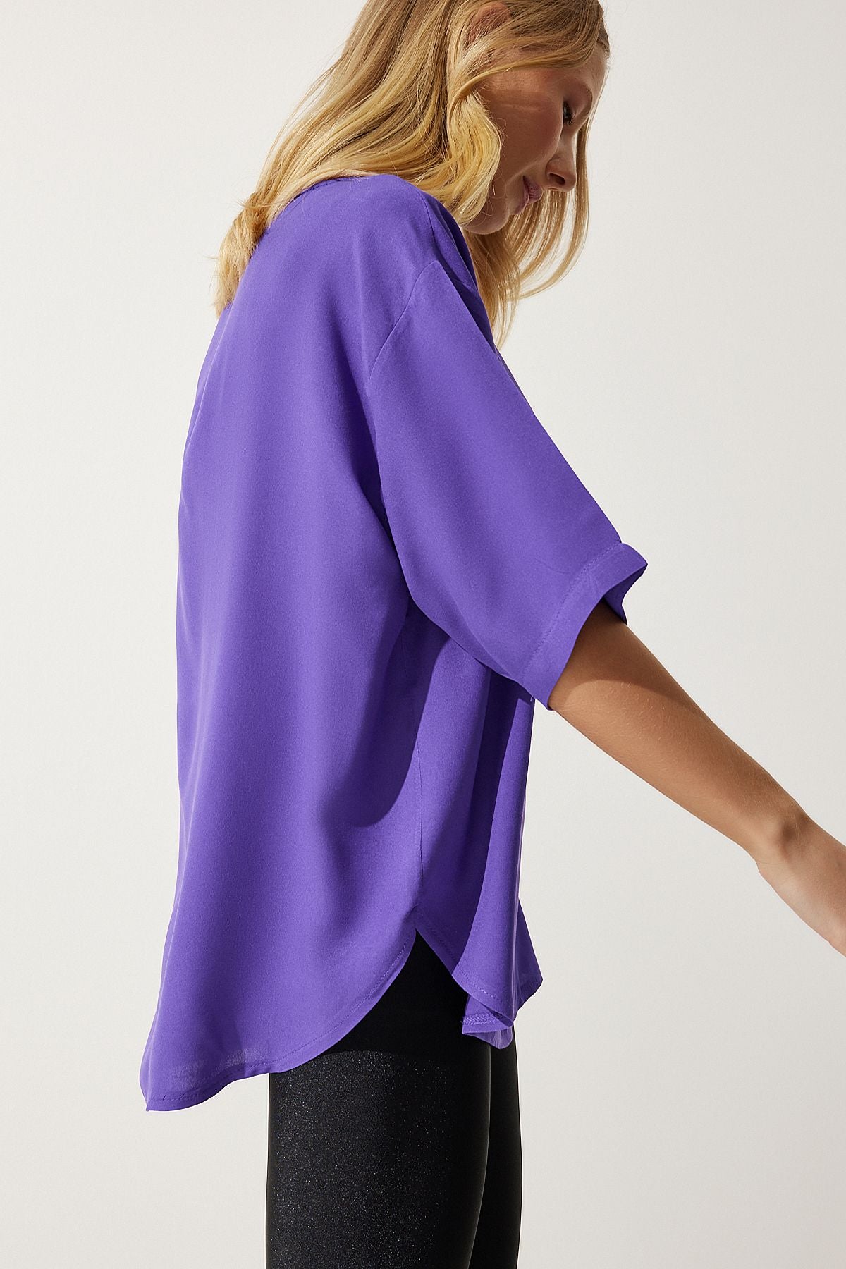 Female purple bike collar draped viscose blouse RC00152