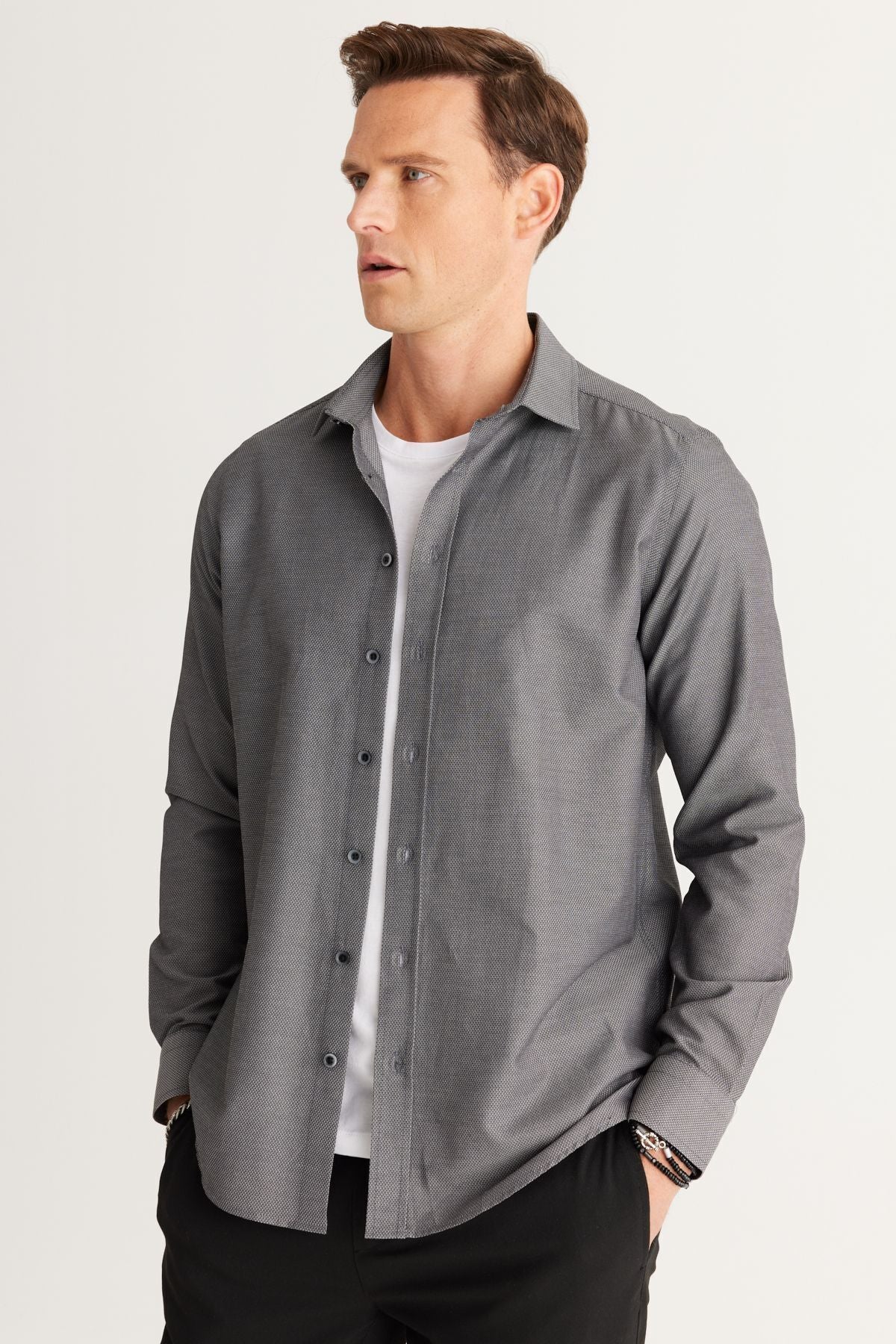 Men's black slim fit narrow -cut classic collar Amesticated cotton shirt