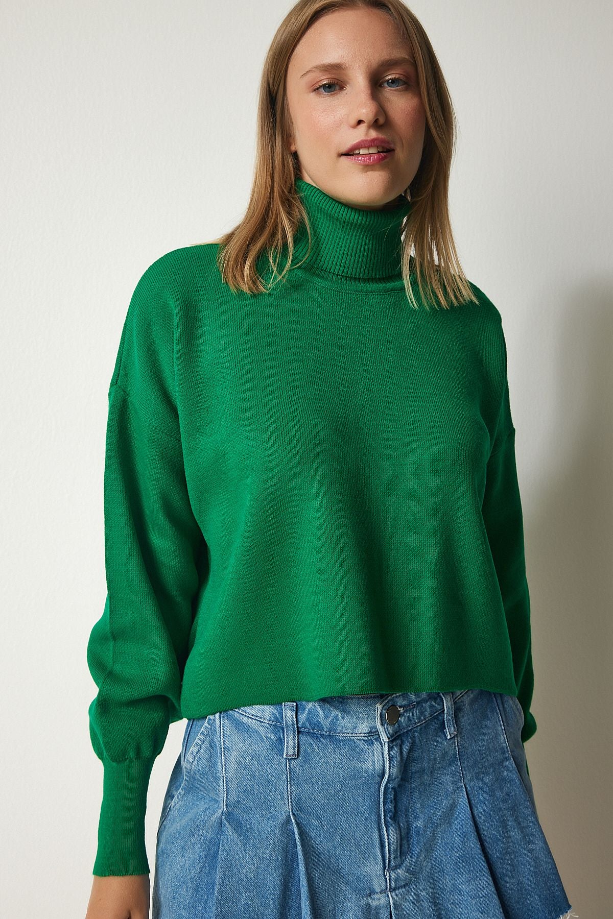 Female green fisherman collar comfortable knitwear sweater kg00007