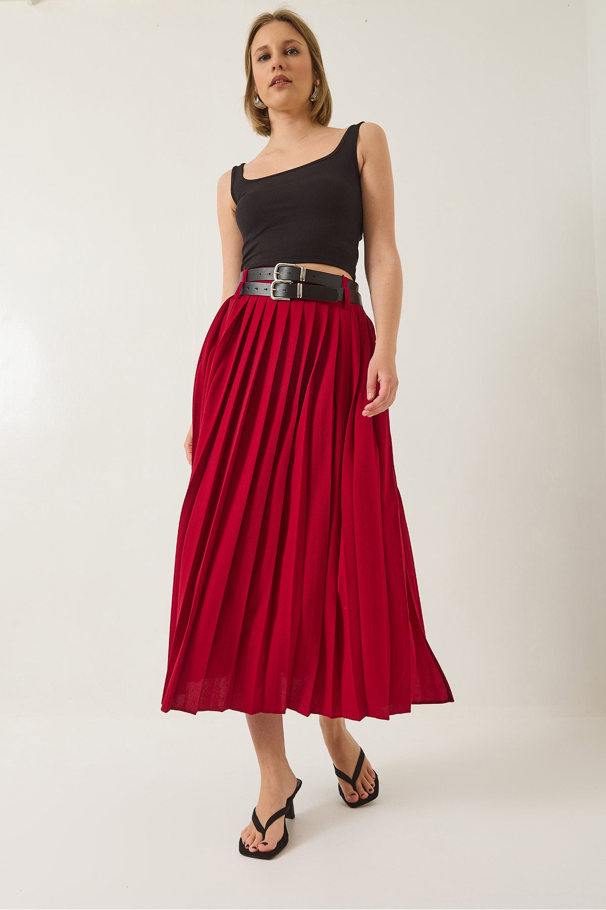 Women's Double Belted Slit Detailed Pleated Long Skirt 7167 60283219