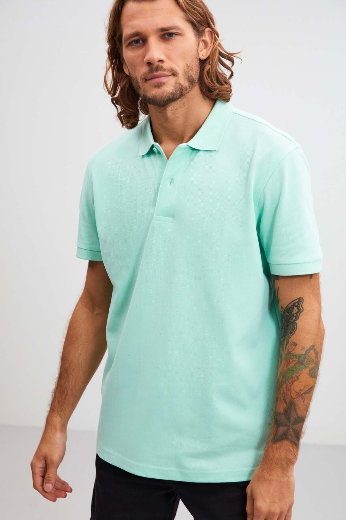 Morgan Men's Regular Mold 100 %Cotton Green Polo Yaka T-shirt