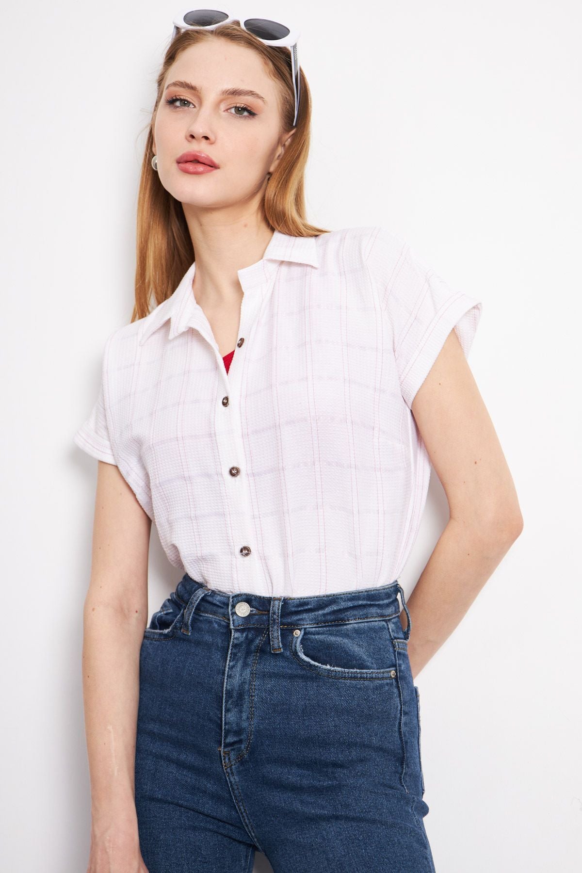 Woman Red-White striped short arm shirt ARM-24Y001067