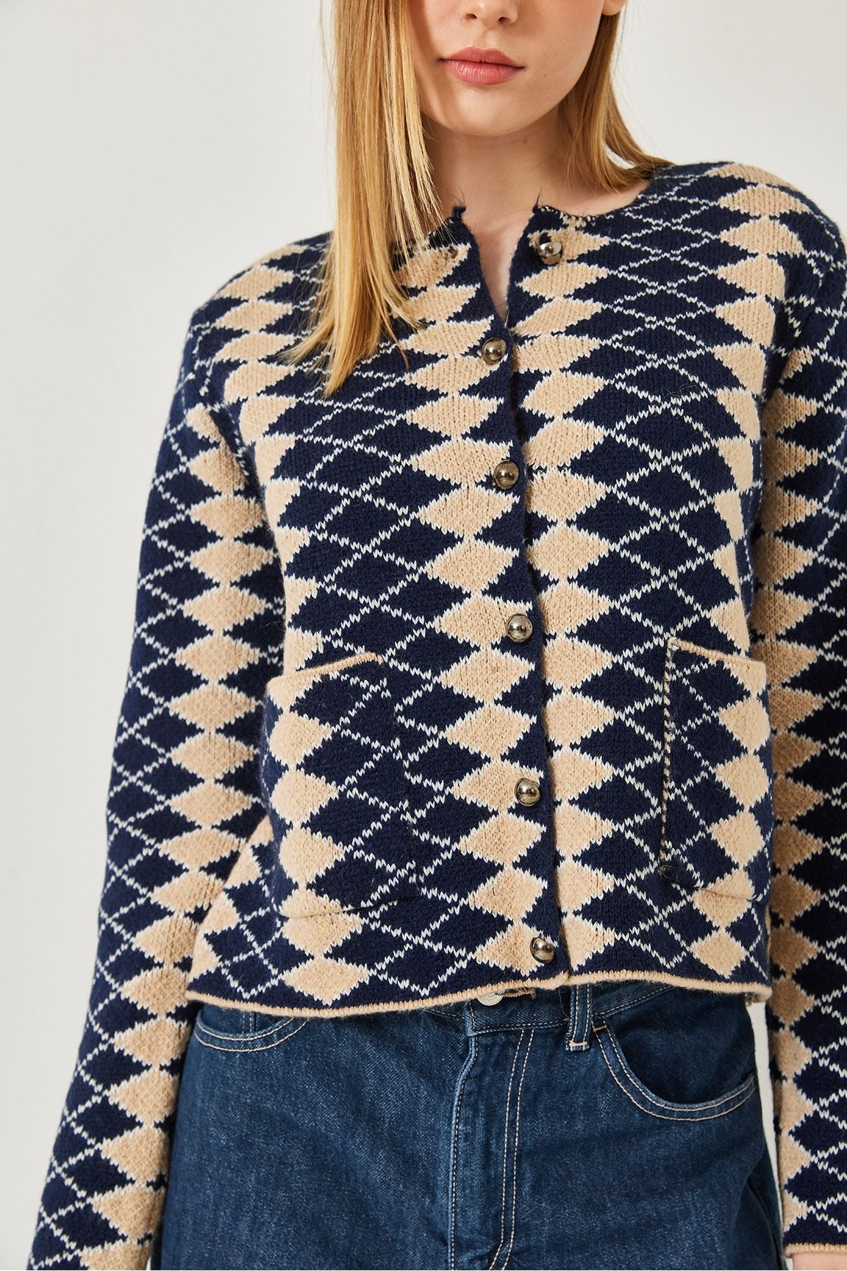 Women's side baklava patterned knitwear cardigan 241139 60261289