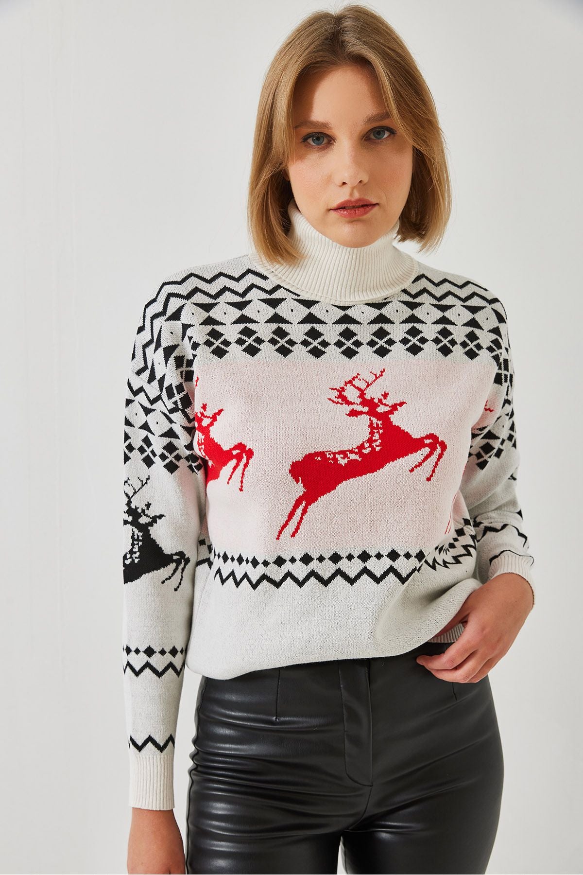 Female Fisherman Neck Deer Patterned Knitwear Kazakh 20246224