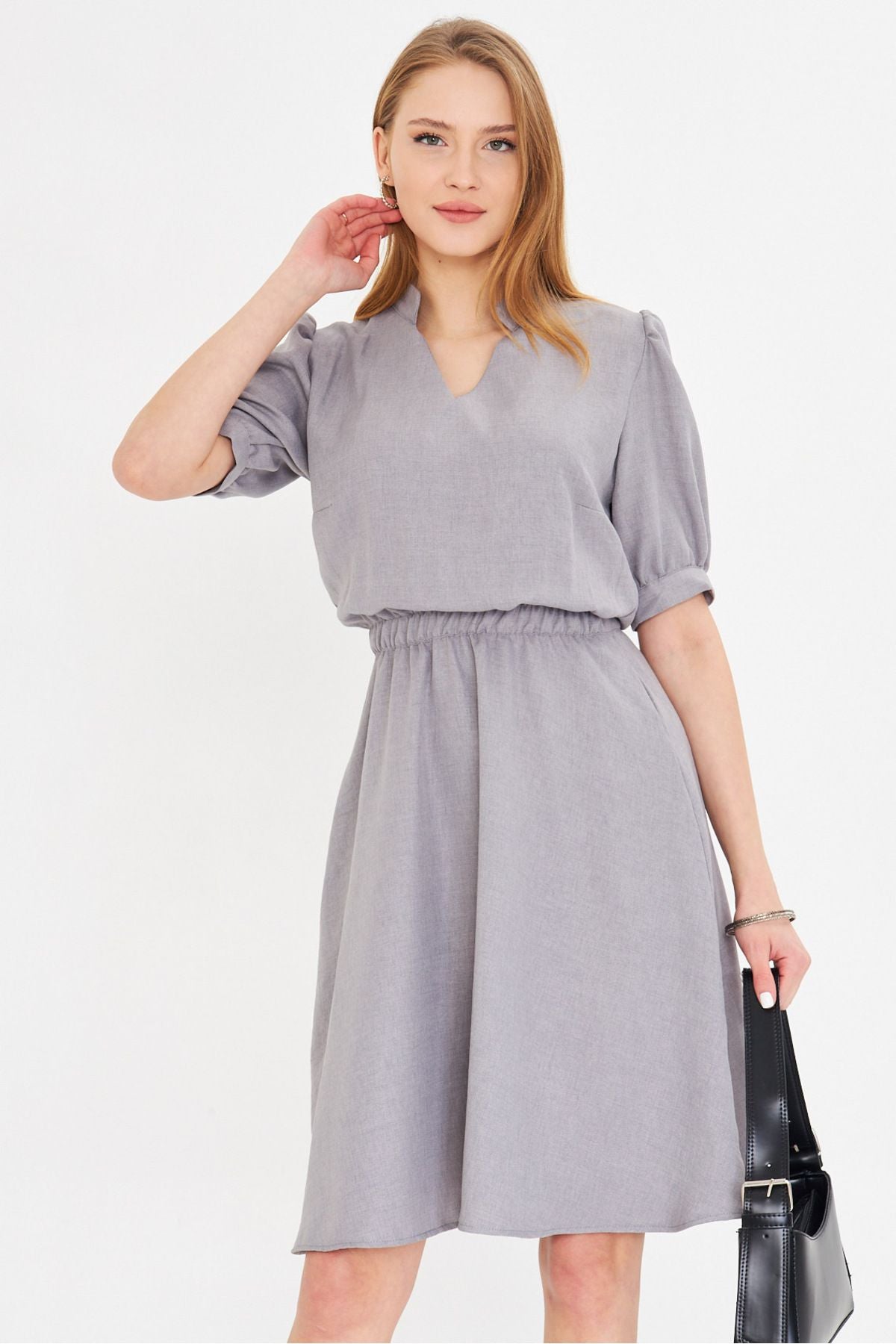 Woman Gray V-Yaka Waist Waist Tire Short Sleeve Clash Dress ARM-25Y001001