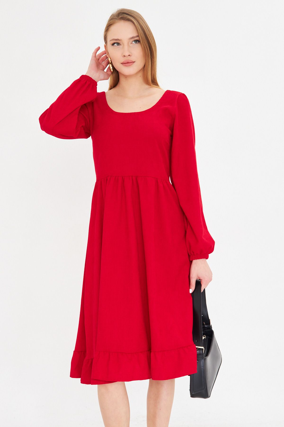 Woman Red U Back Back Zippered Waist Midi Midi Velvet Dress ARM-25K001103