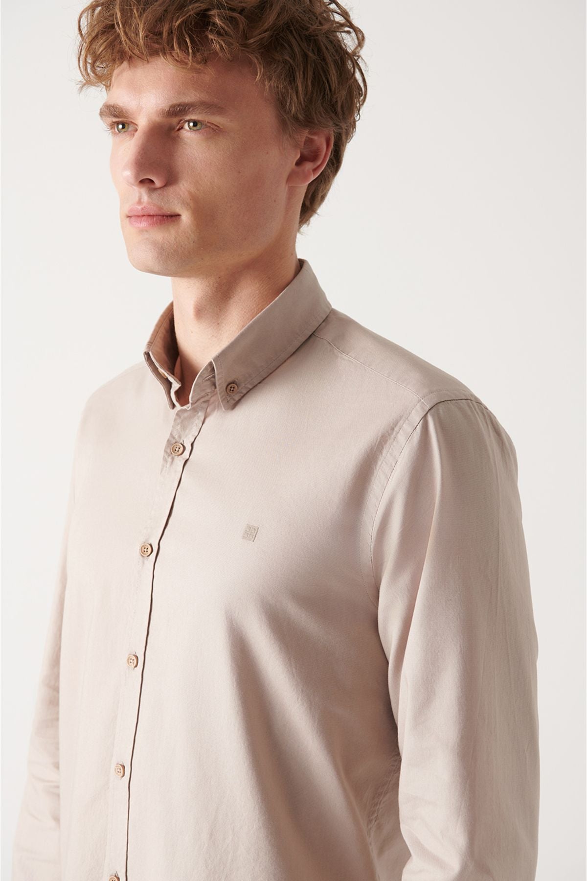 Men's Beige Oxford 100 %Cotton button collar shirt B002003