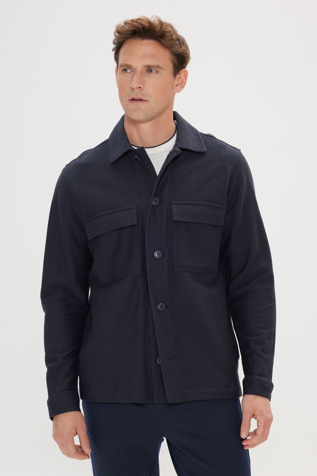 Men's navy blue standard fit normal cut shirt collar 100 %cotton coat