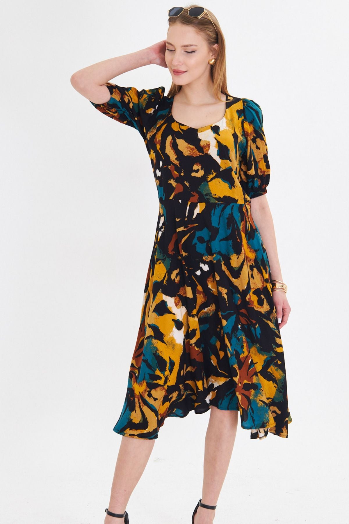 Female mustard u collar arms with rubber midi height height dress ARM-25Y001004