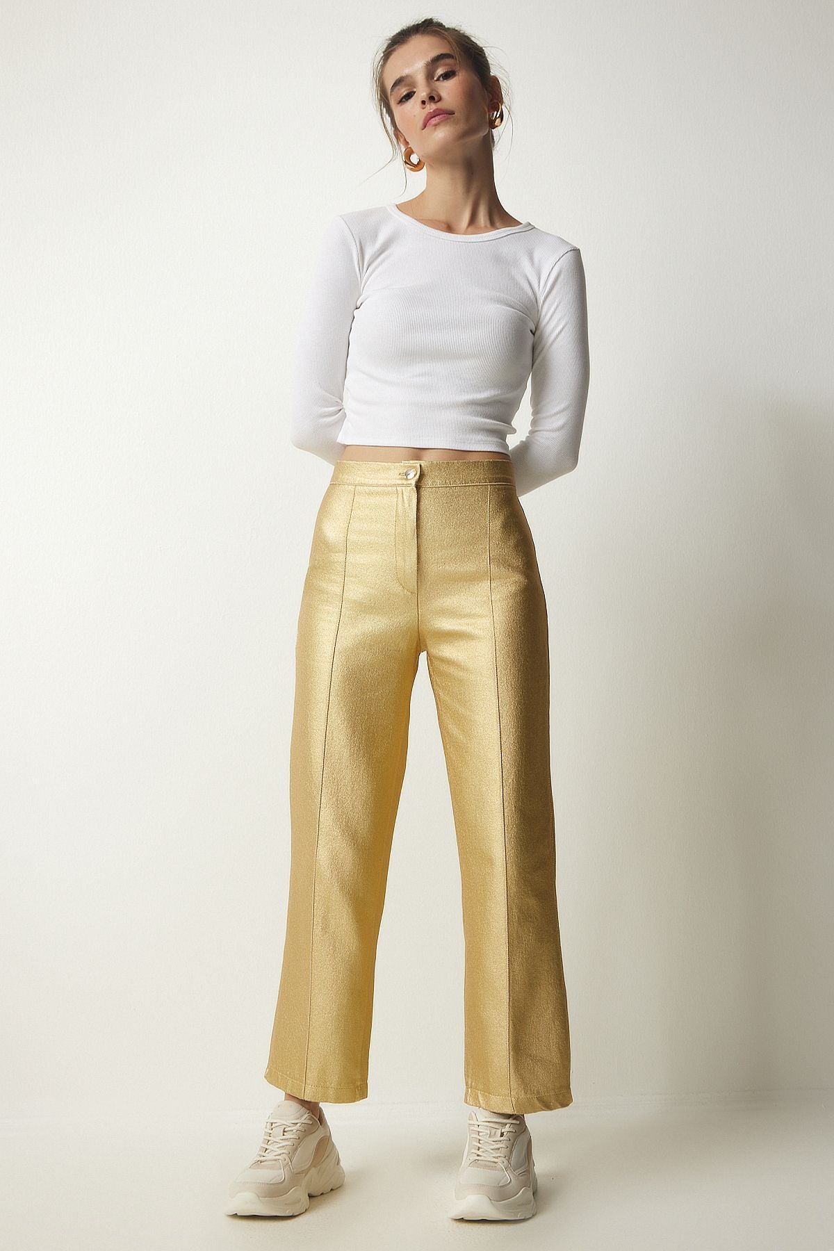 Female Metallic Yellow Metallic Carrot Pants UL00012