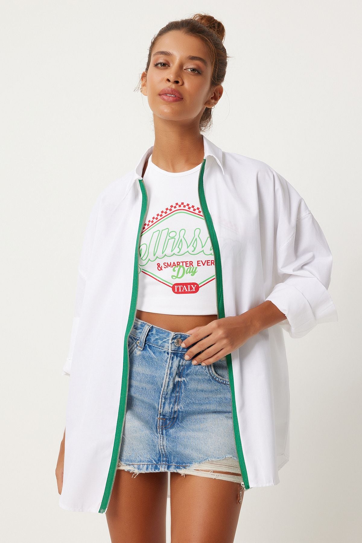 Woman White Green Contrast Ribbon Zippered Oversize Shirt FN03263