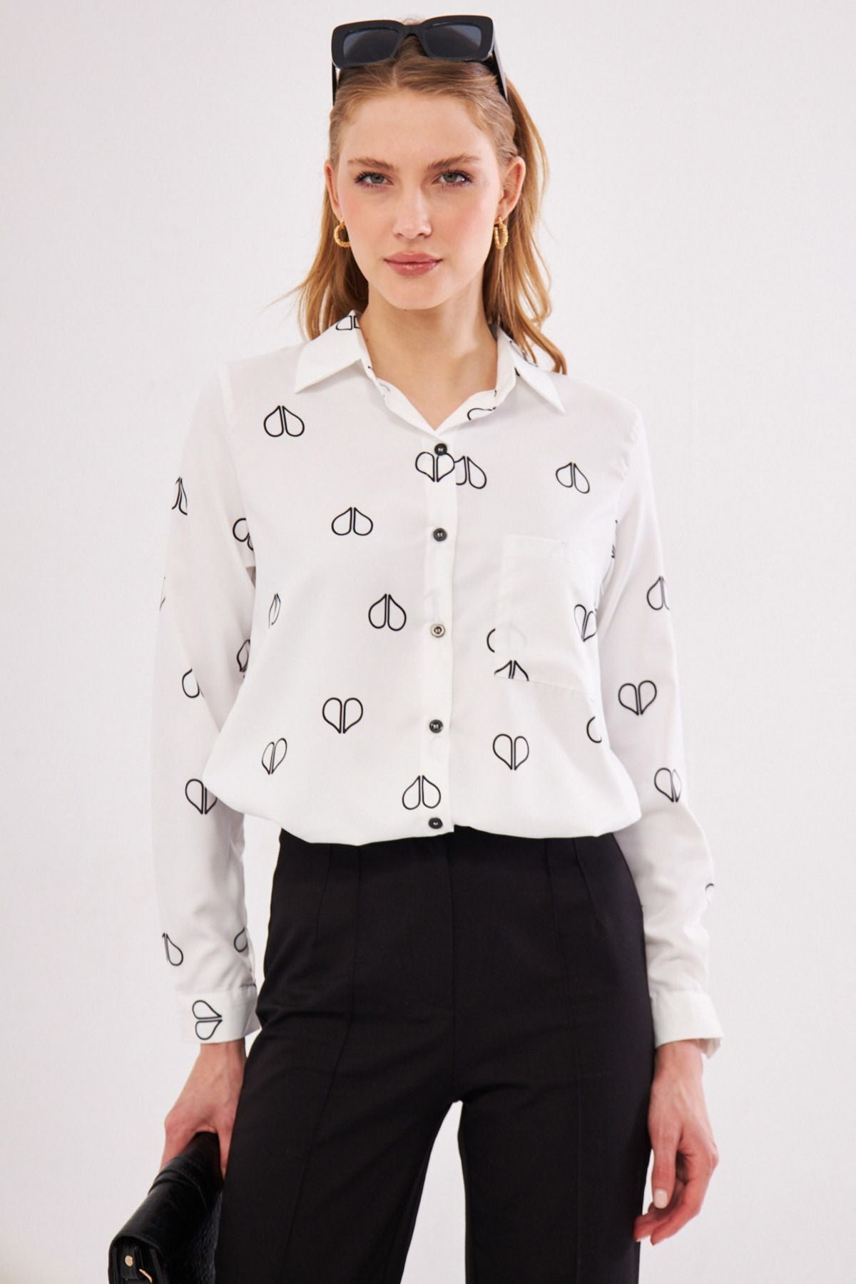 Women's White Sold Pile Detailed Single Patterned Long Sleeve Shirt ARM-24Y001015