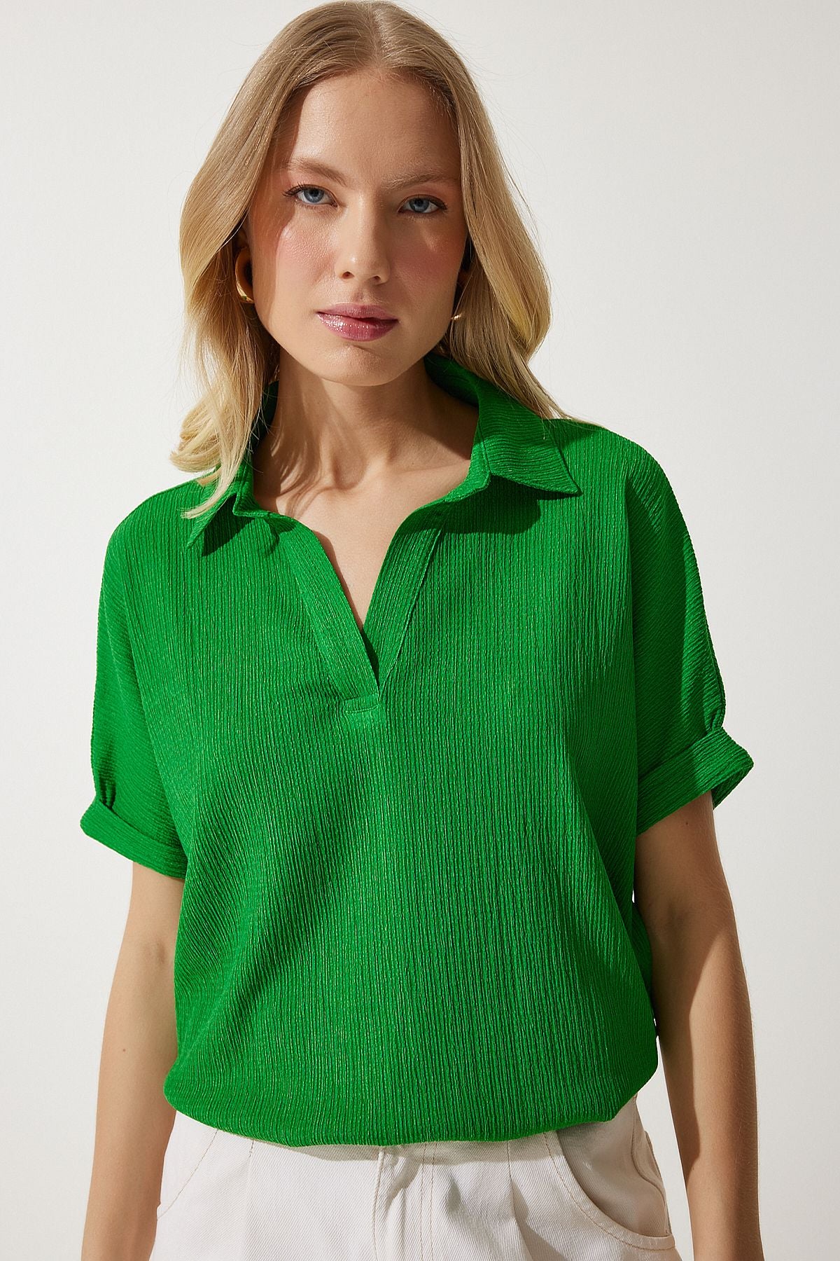 Female green polo collar knitted kinkil blouse DD01299