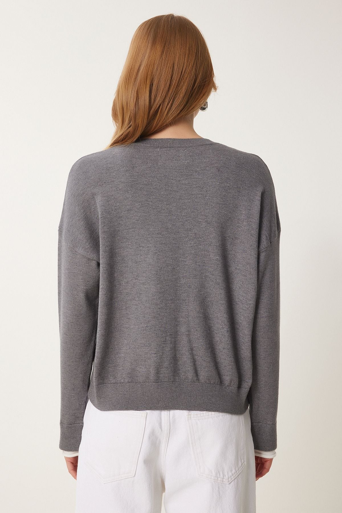 Female Gray Contrast Ribbon Detailed Seasonal Triko Cardigan US00953