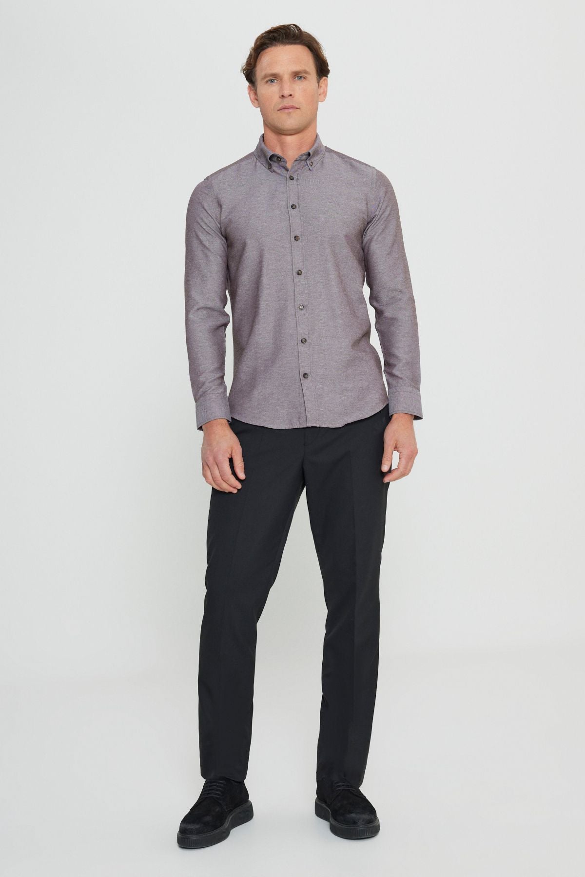 Men's Oxford Brown button collar easily ironed cotton slim fit narrow cut shirt