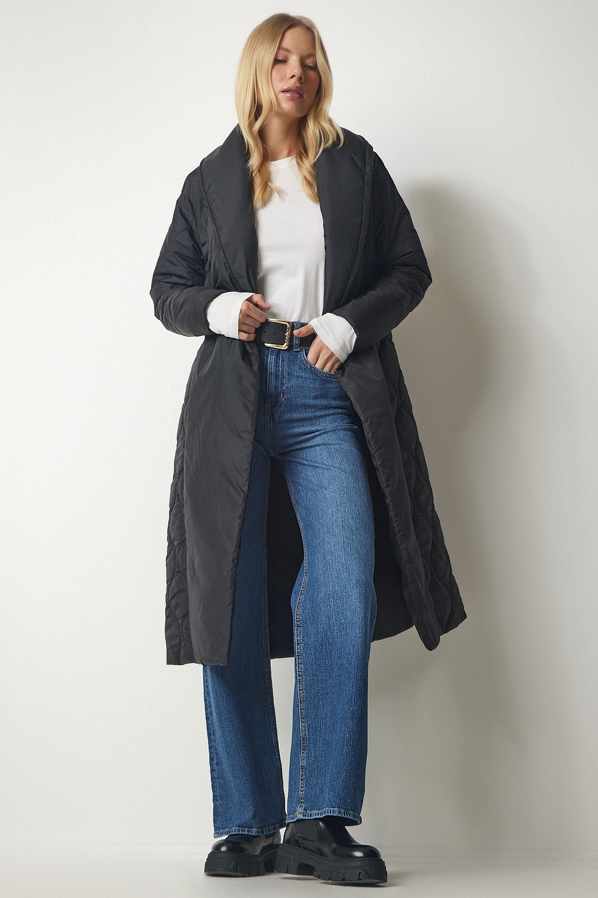 WOMEN'S Black Belt Shawl Kapitone Coat DZ00089