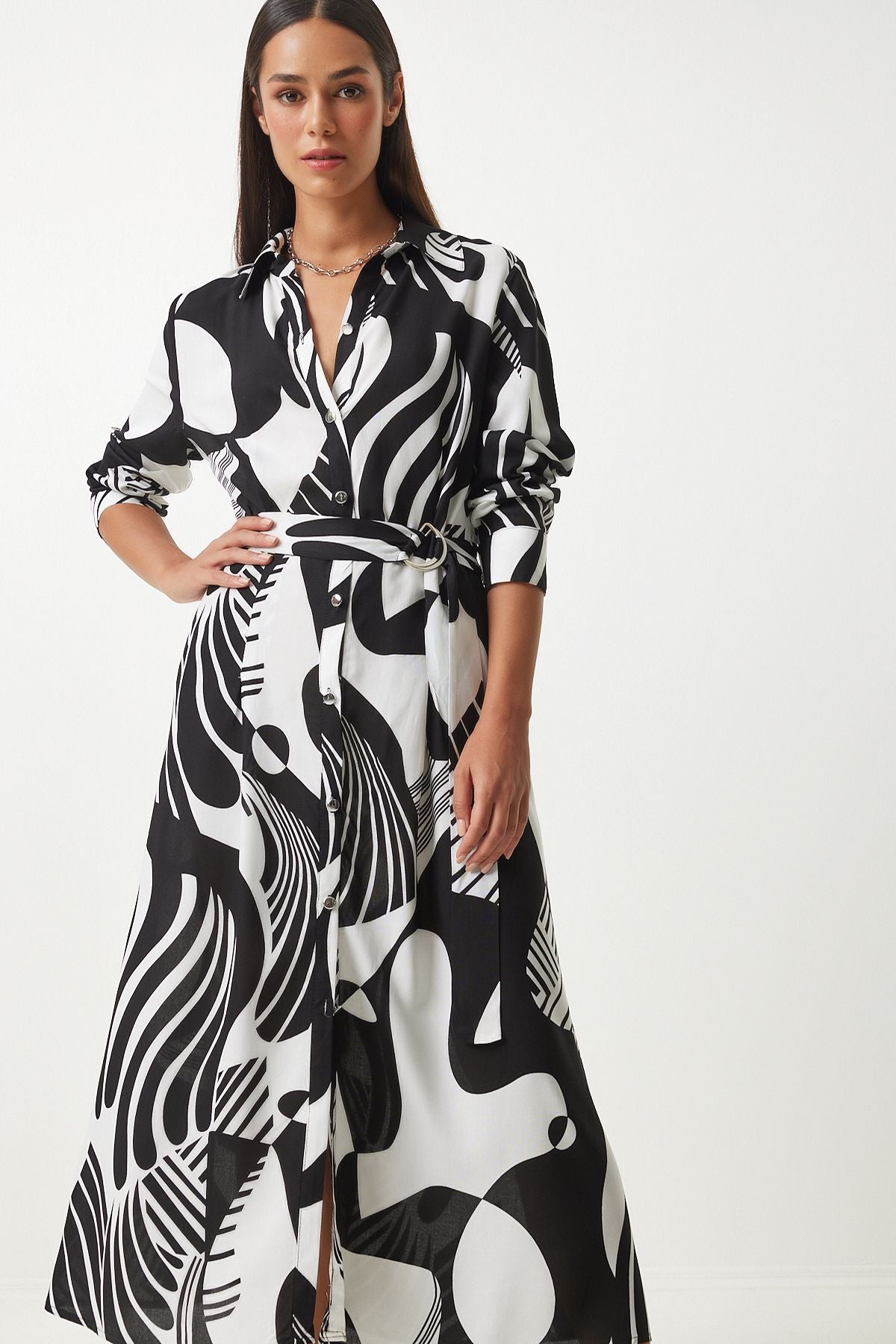 Female Black and White Patterned Born Viscose Shirt Dress FN03204